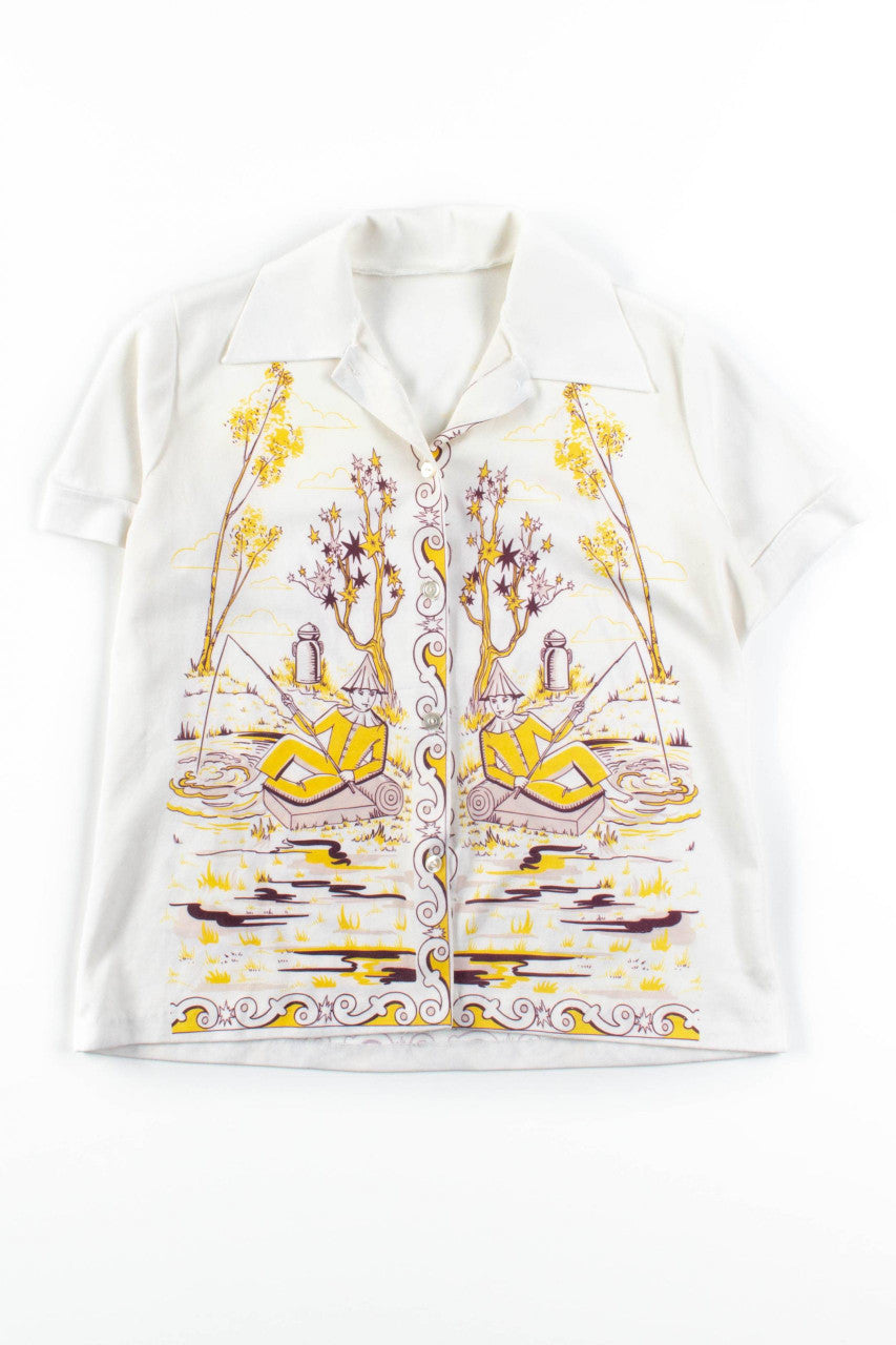 Fishermen Print Butterfly Collar Shirt