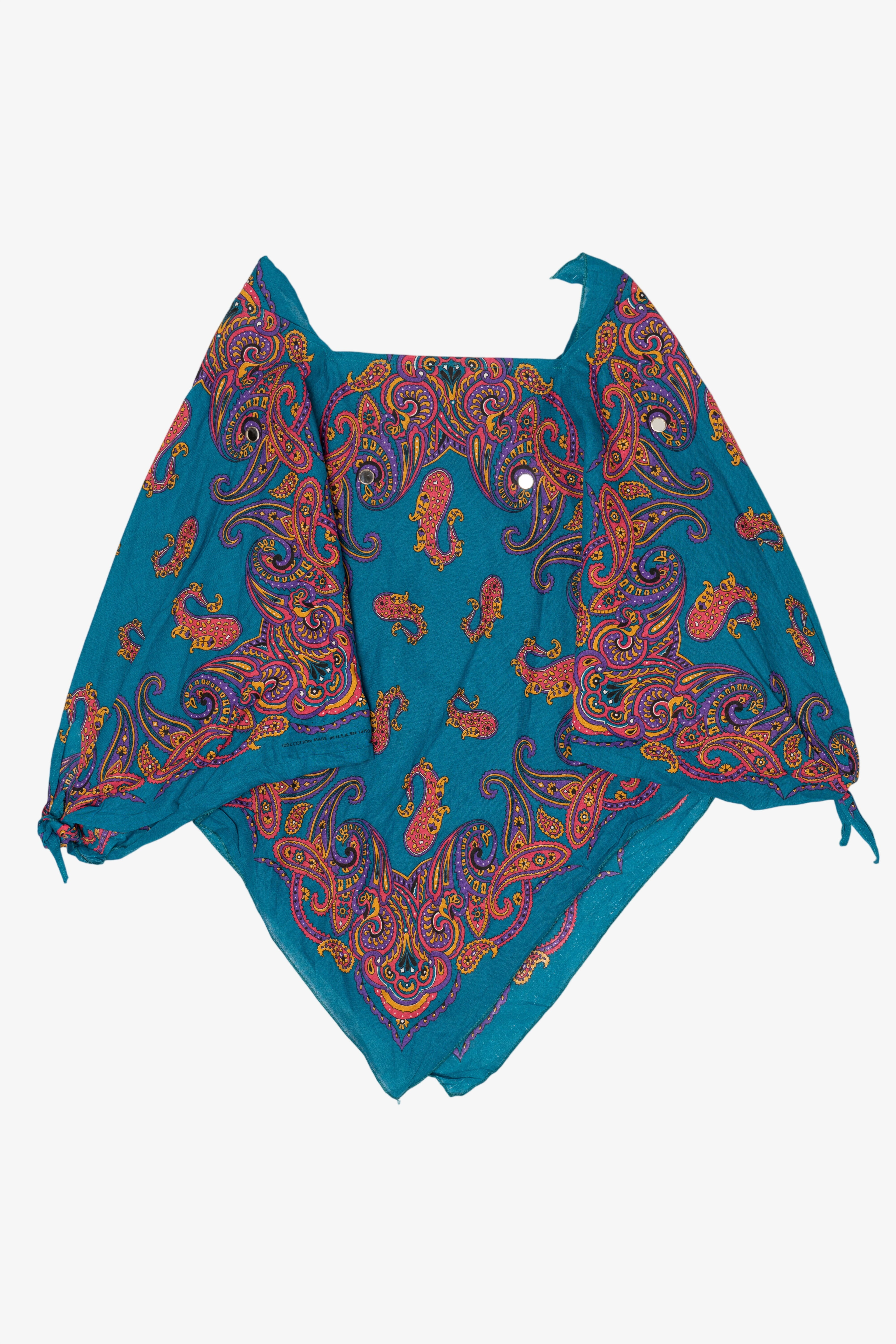 Vintage Teal Paisley Pattern Bandana Top Poncho (1980s)