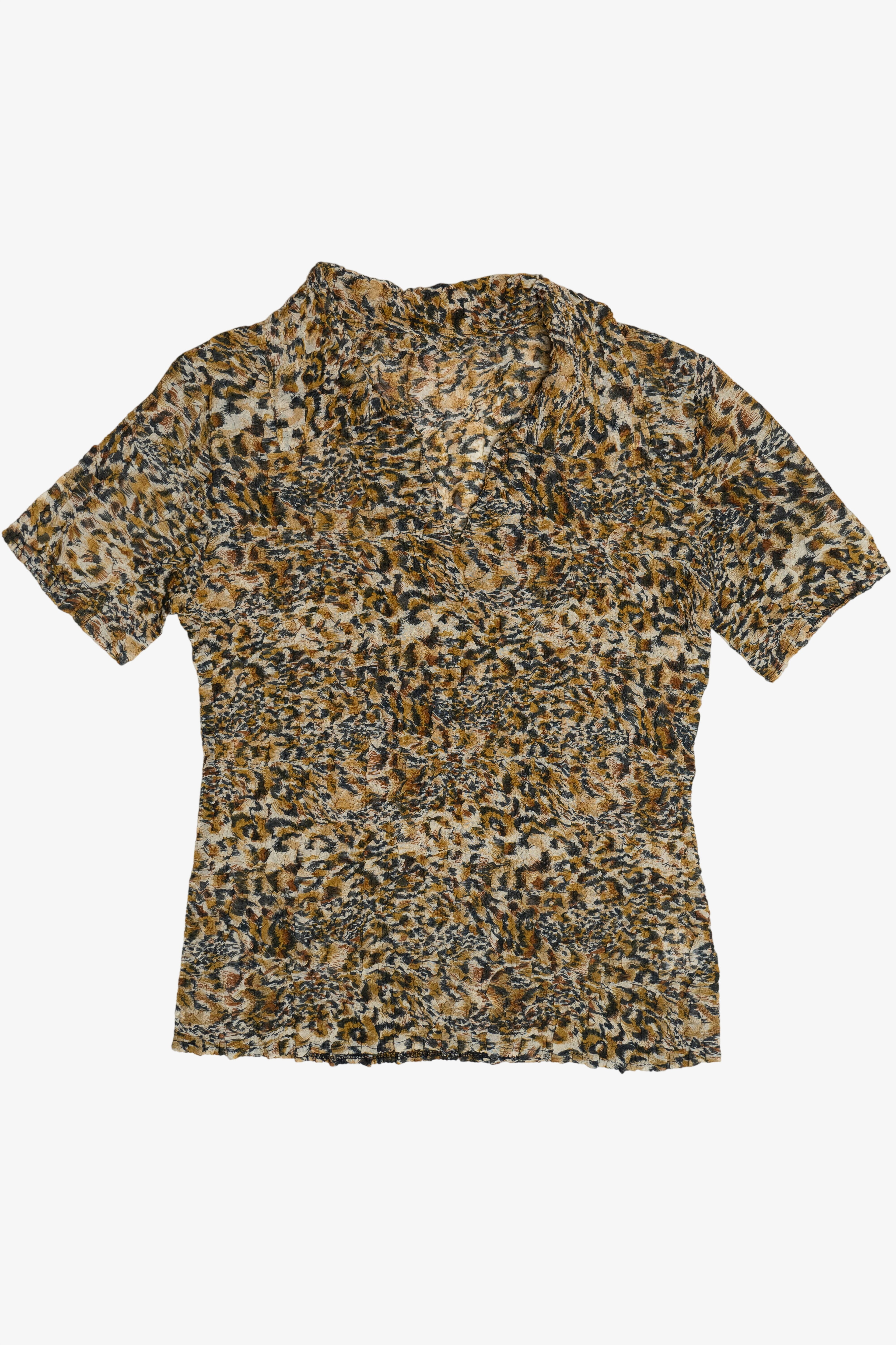 Vintage Stretchy Leopard Print V-Neck Collared Top (1990s)