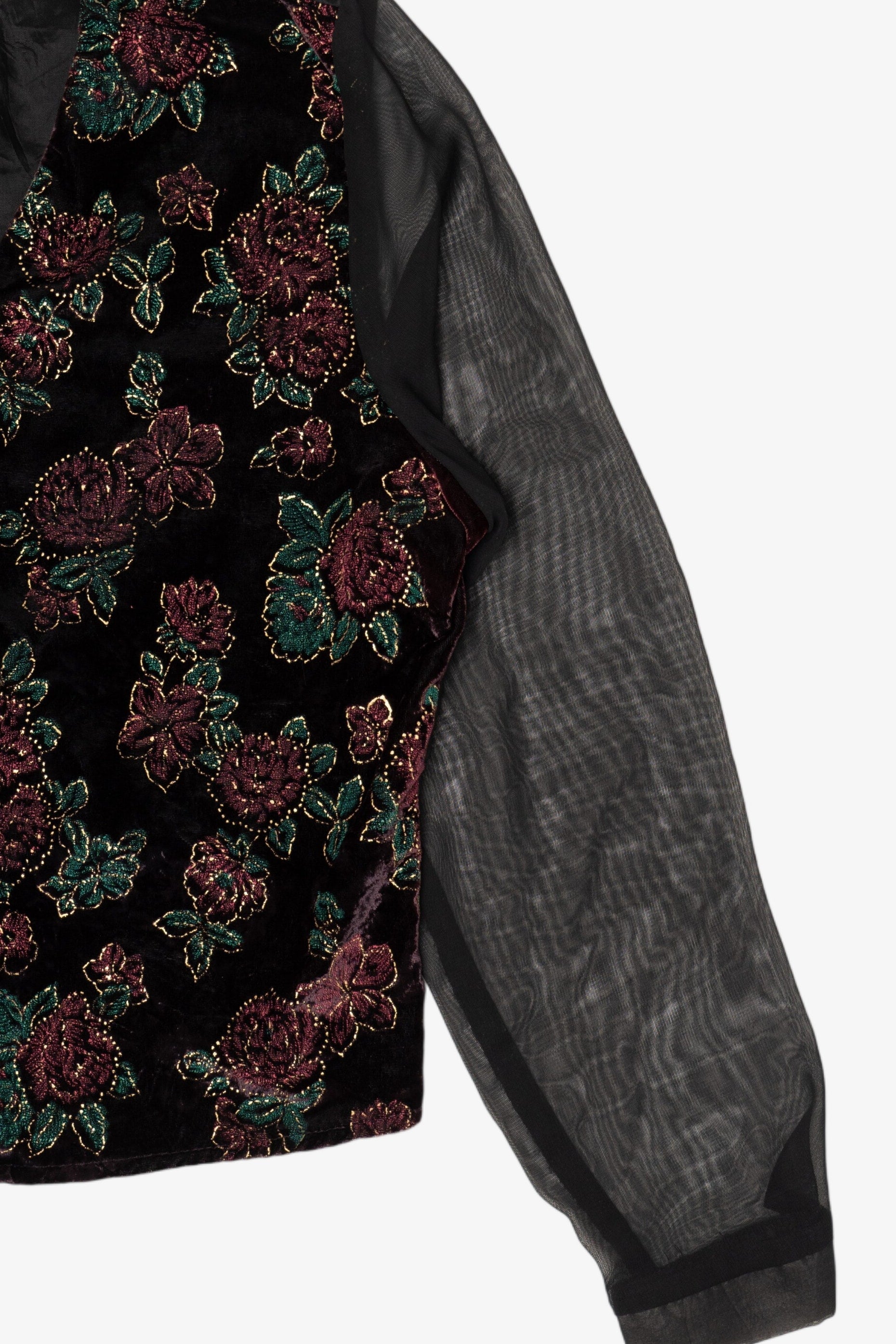 Vintage Bentley Velvet Vest And Sheer Sleeves Button Up Blouse (1980s)