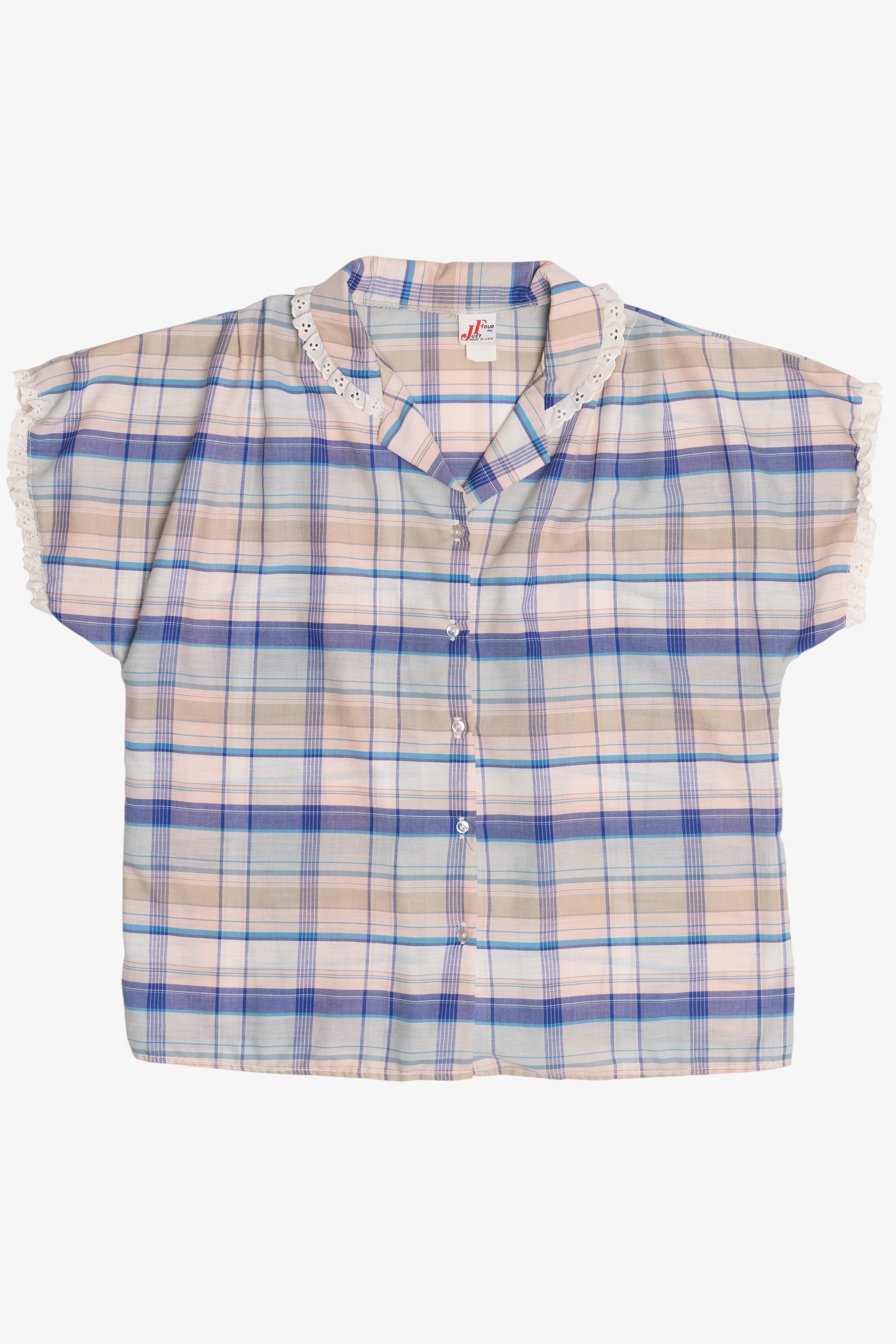 Vintage Plaid Lace Trim Collar Button Up (1980s)