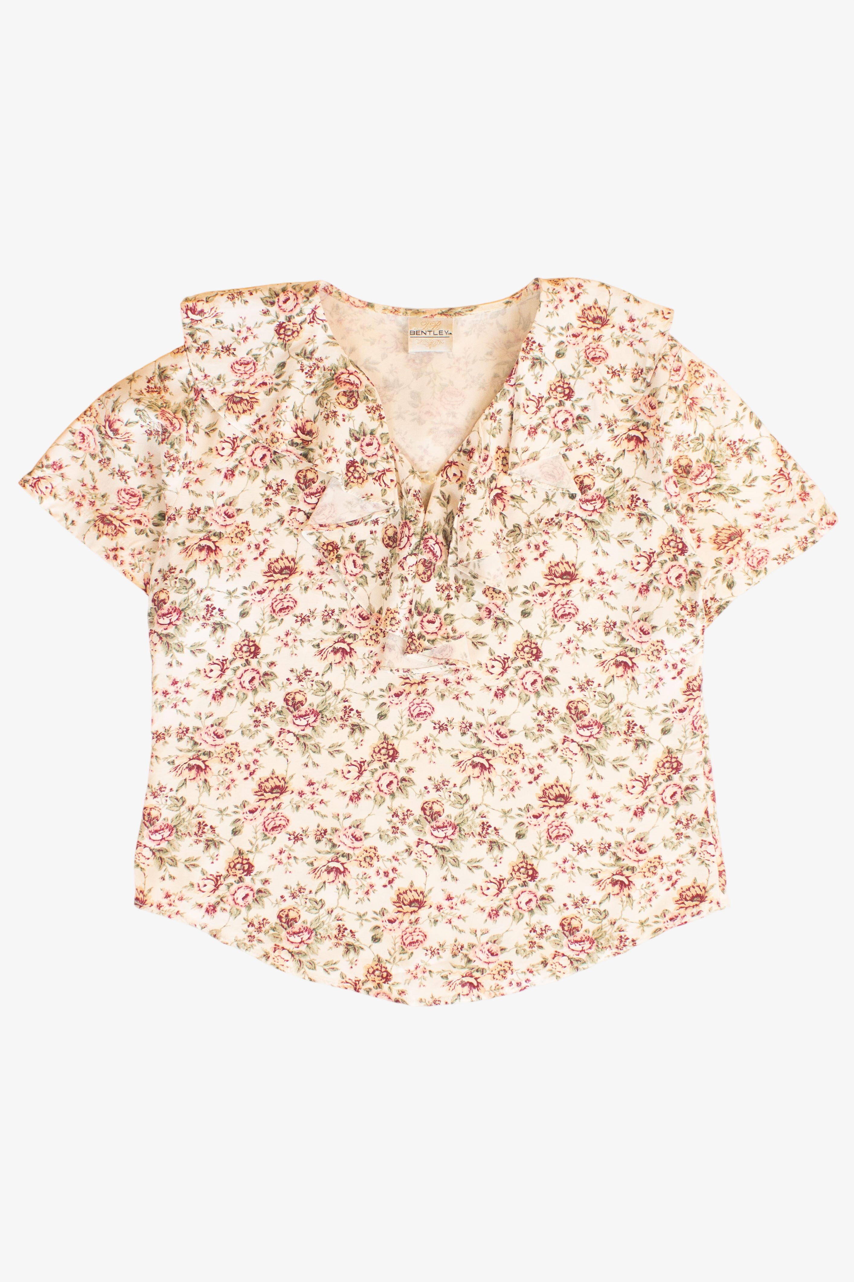 Vintage Floral Ruffle Neck Blouse (1980s)