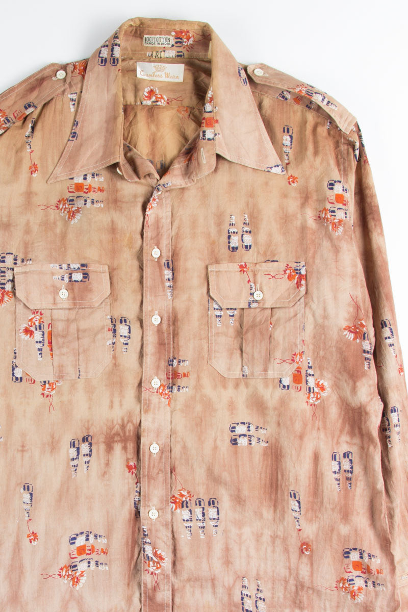 Vintage Bottle Print Button Up Shirt