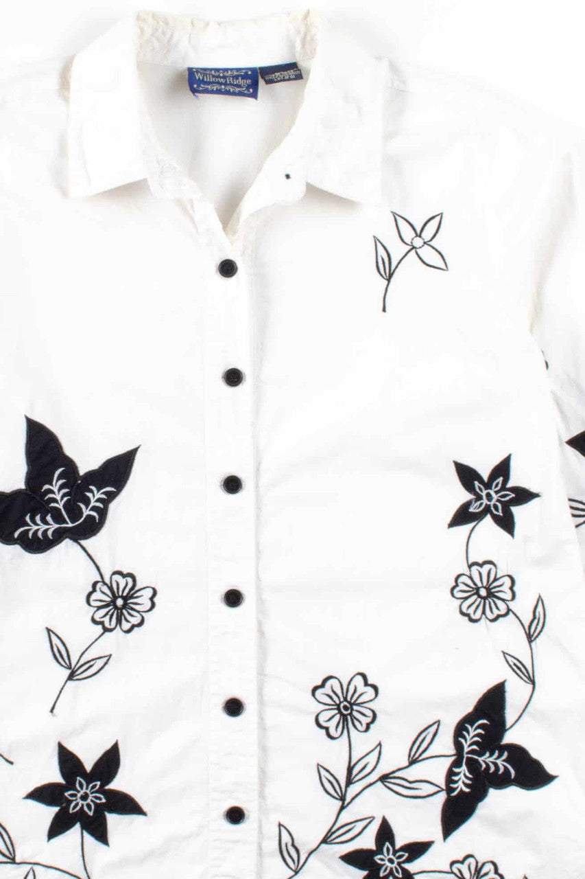 Black & White Embroidered Floral Button Up Shirt