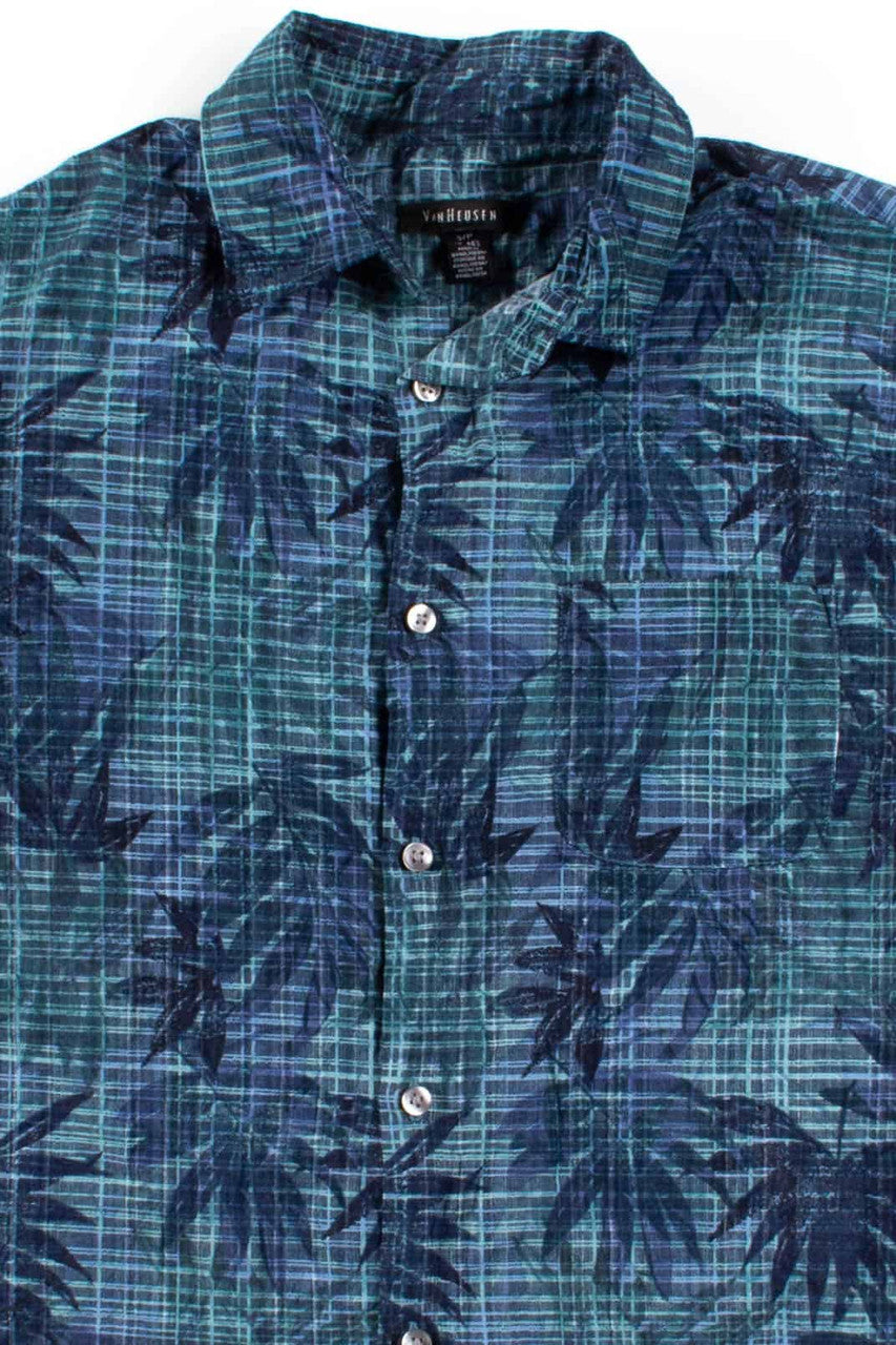 Blue Green Palm Leaves Button Up Shirt