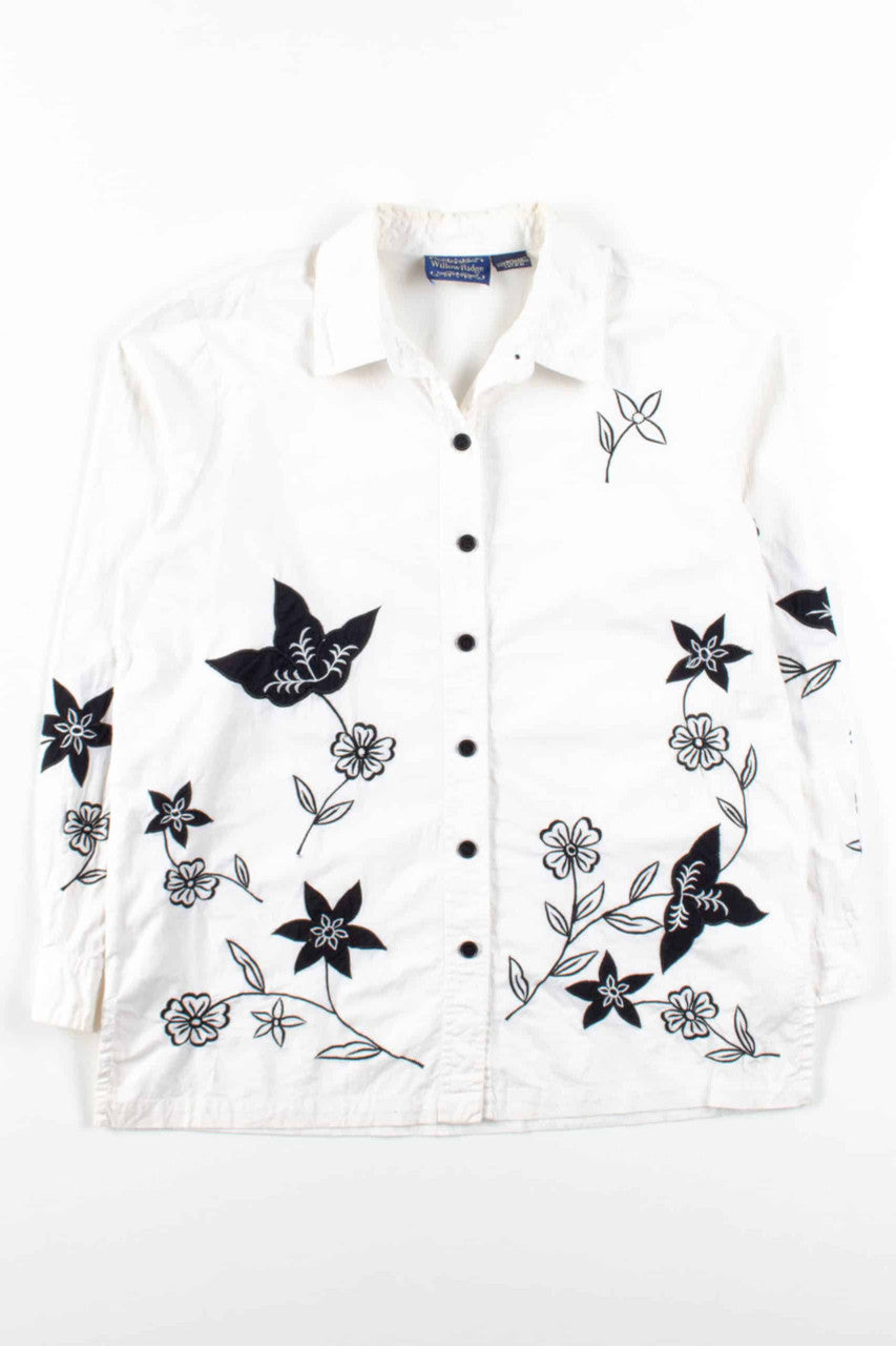 Black & White Embroidered Floral Button Up Shirt