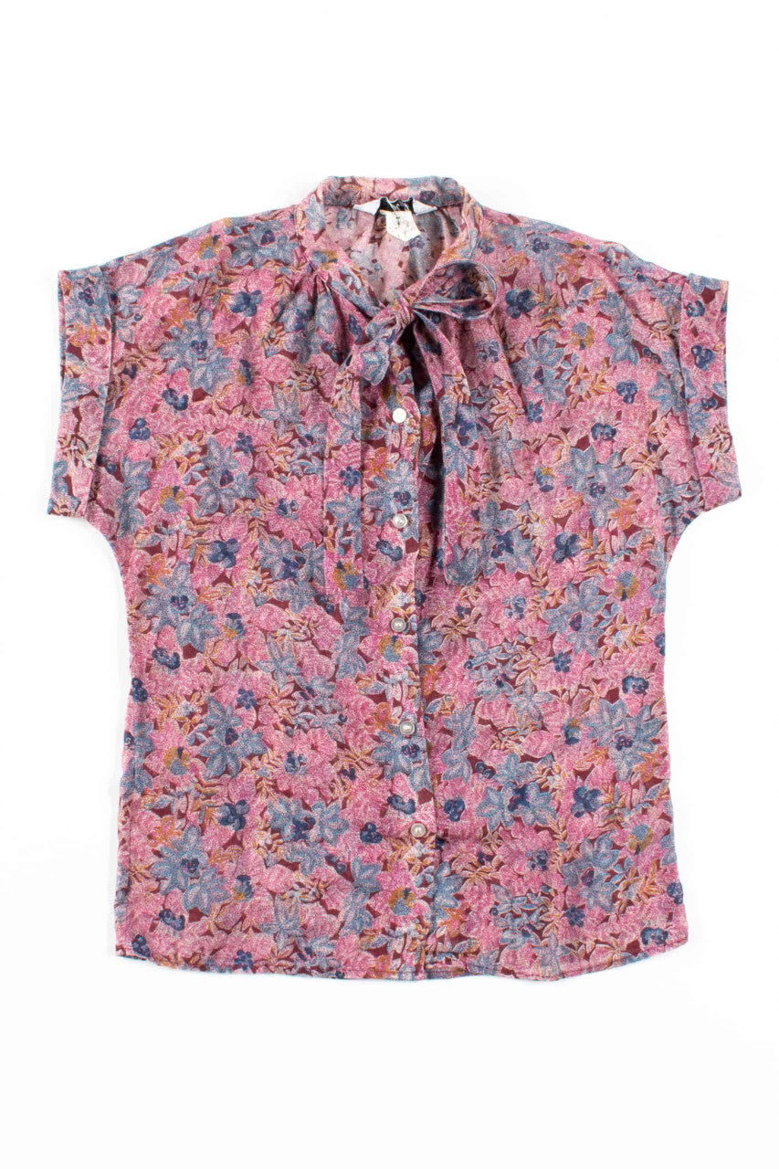 Bow Collar Floral Mesh Button Up Shirt