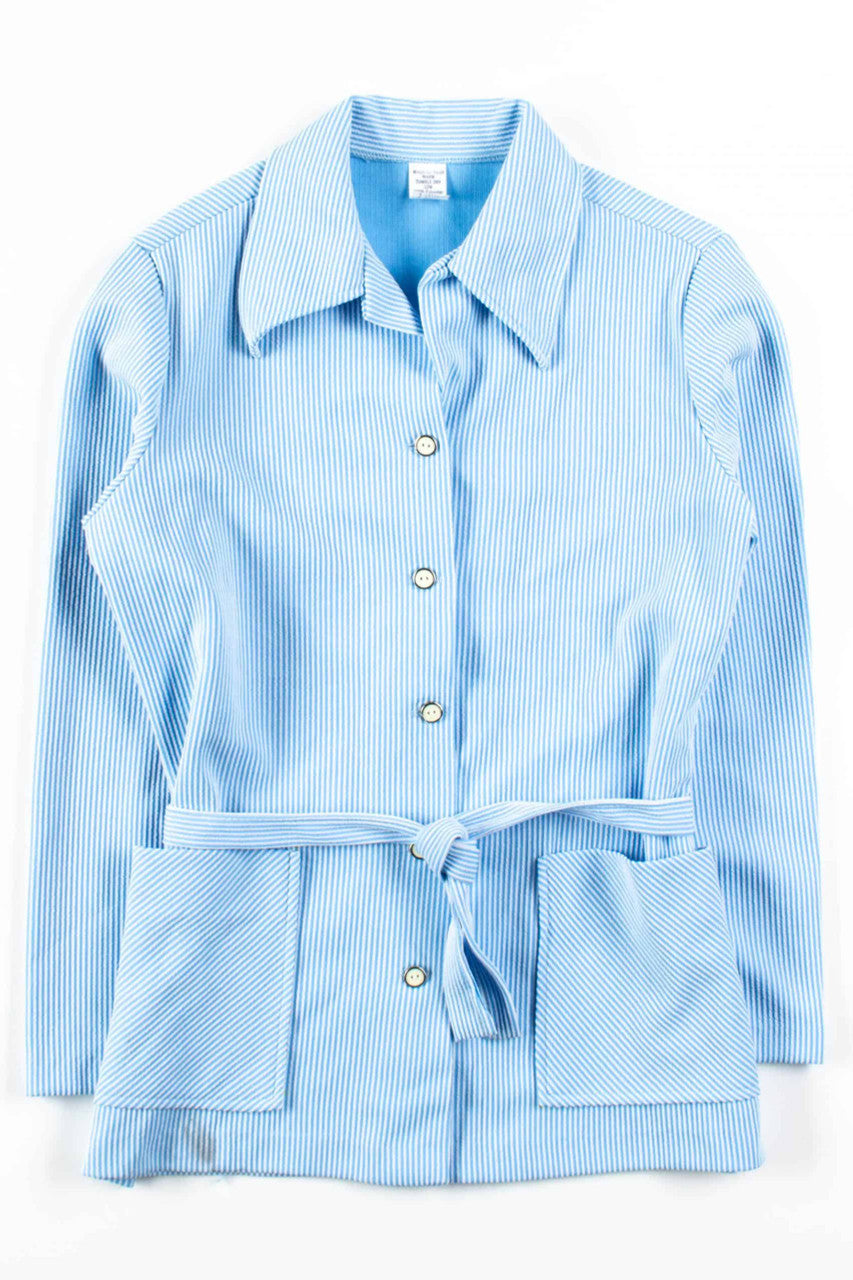 Blue Ribbed Button Up Shirt With Sash