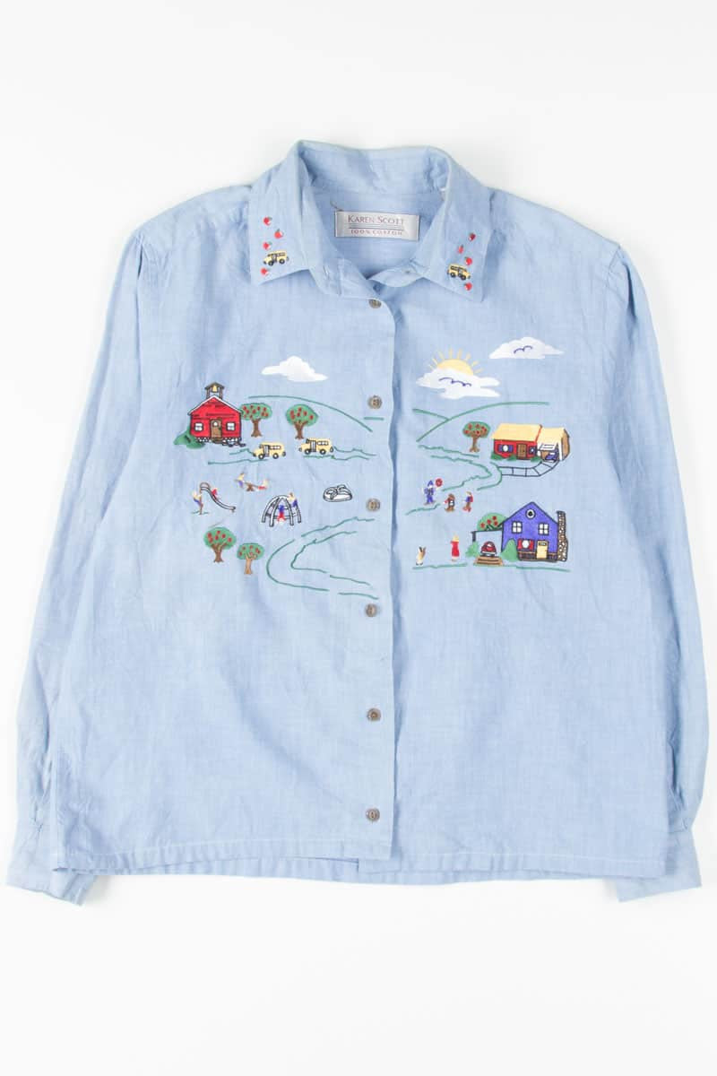 Embroidered School Bus Button Up Shirt