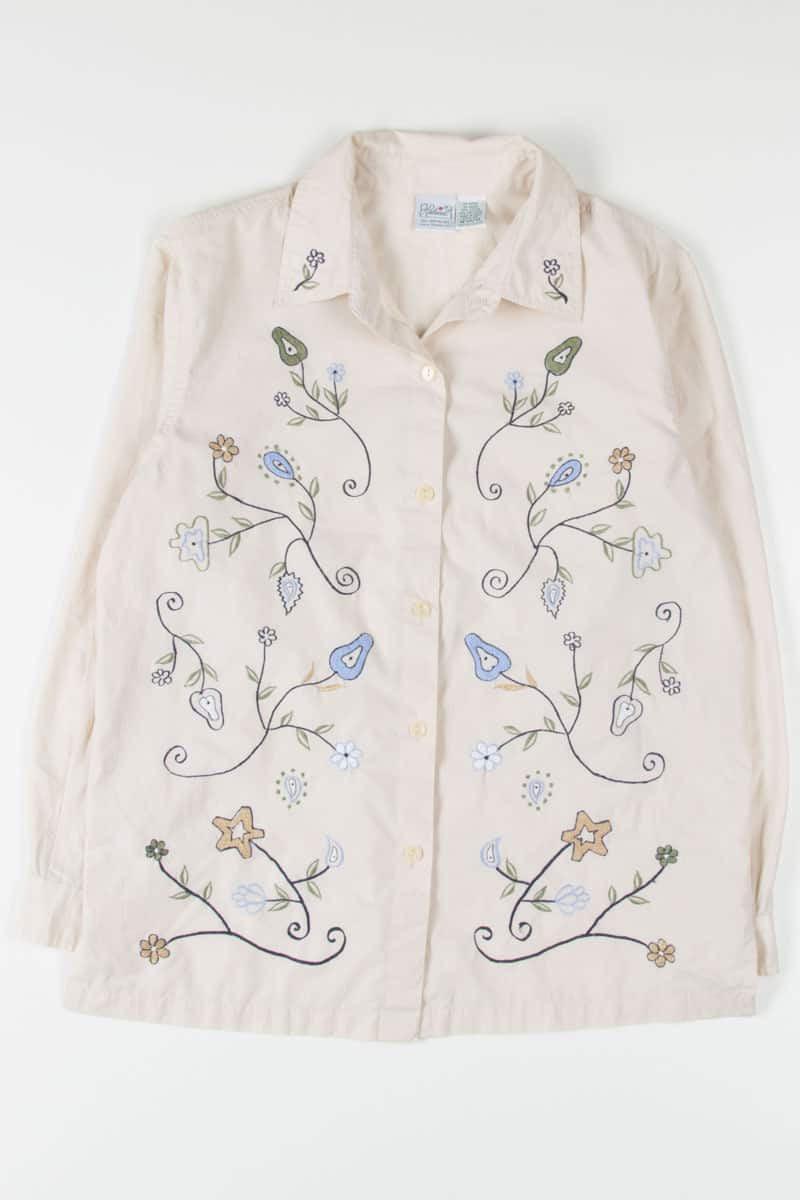 Tan Embroidered Floral Button Up Shirt