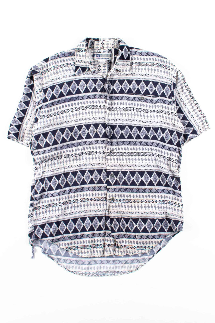 White & Navy Diamonds Button Up Shirt