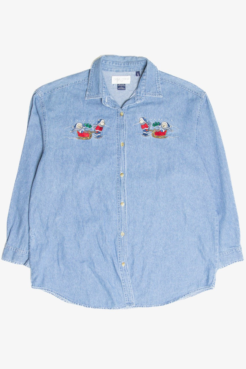 Vintage Bears Sledding Embroidered Button Up Denim Shirt