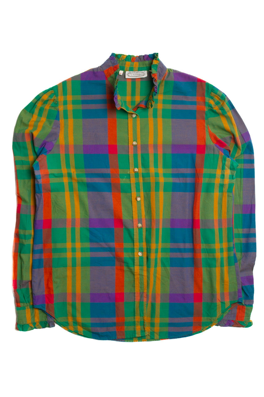 Vintage Green Plaid Ruffle Collar Button Up Shirt (1980s)