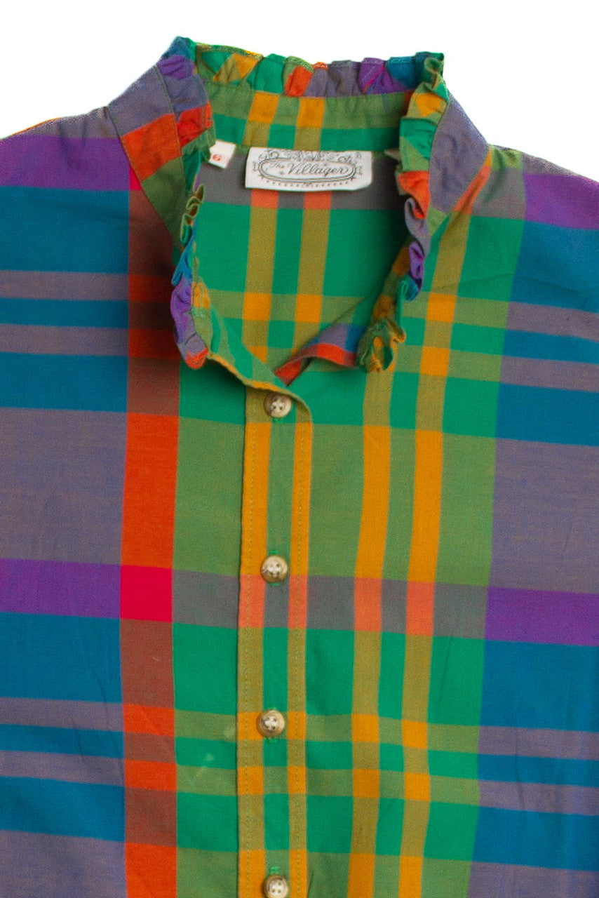 Vintage Green Plaid Ruffle Collar Button Up Shirt (1980s)