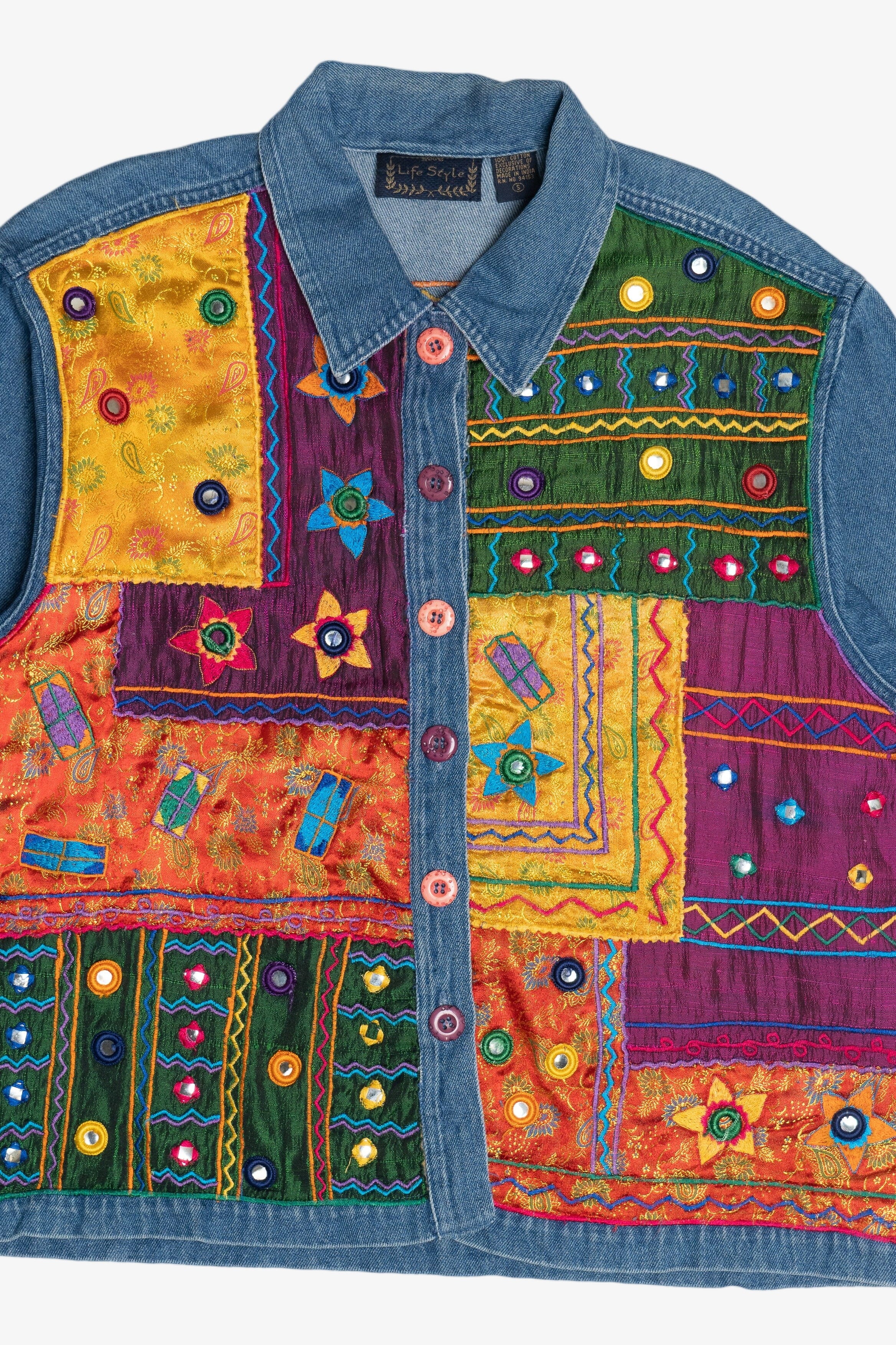 Vintage Life Style Embroidered Patchwork Front Denim Button Up (1990s)