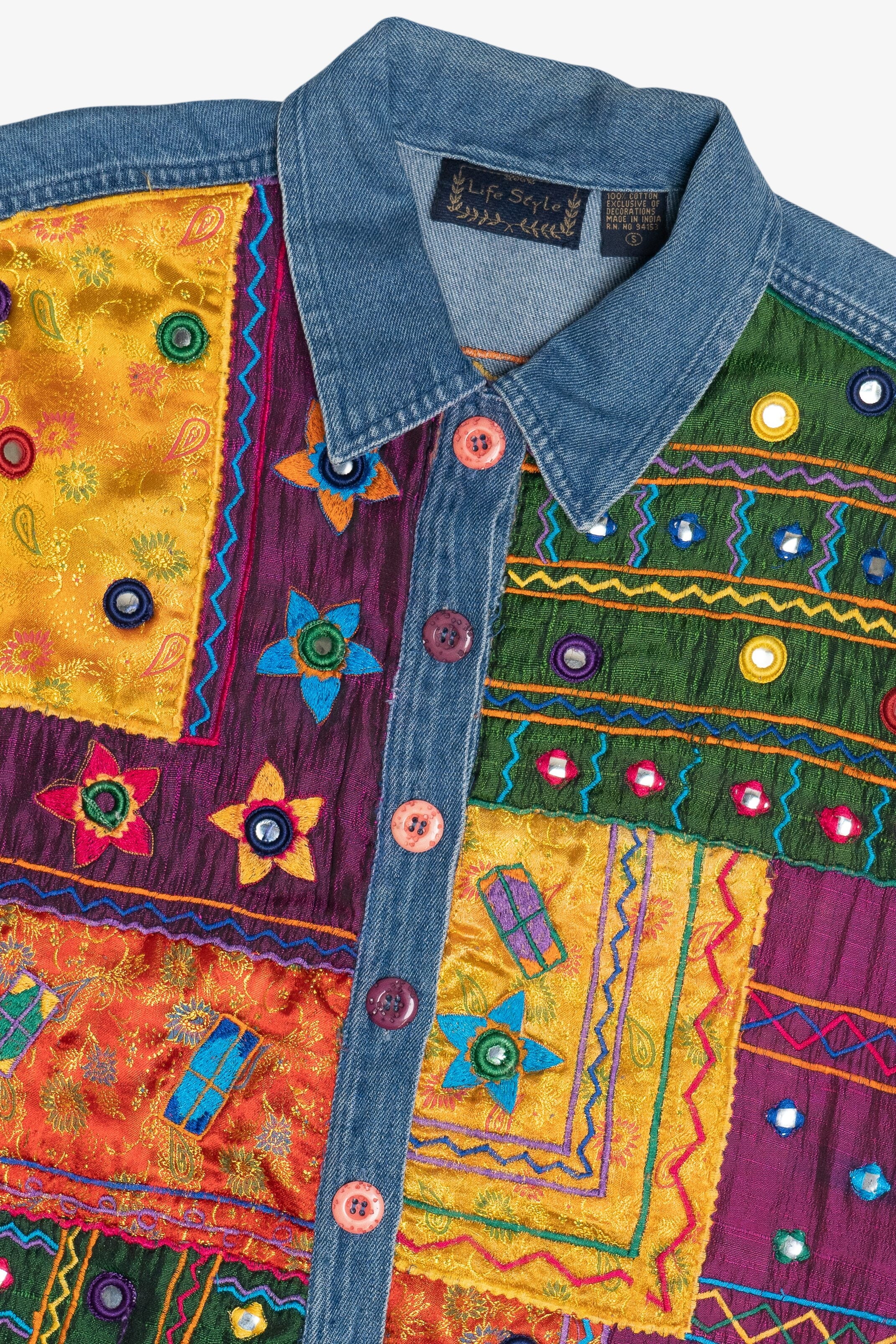 Vintage Life Style Embroidered Patchwork Front Denim Button Up (1990s)