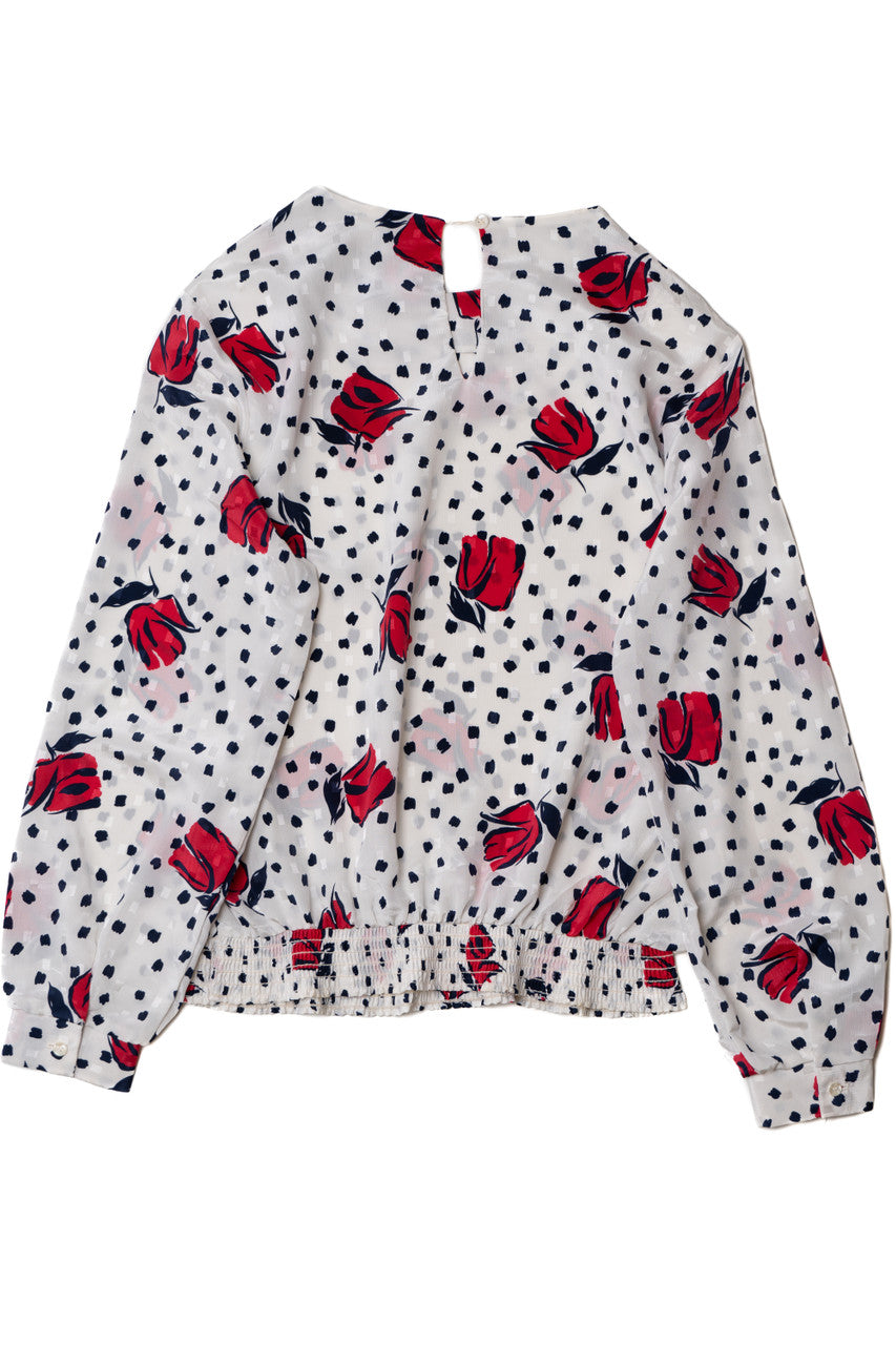 Vintage Sheer Rose Print Cinch Waist Blouse
