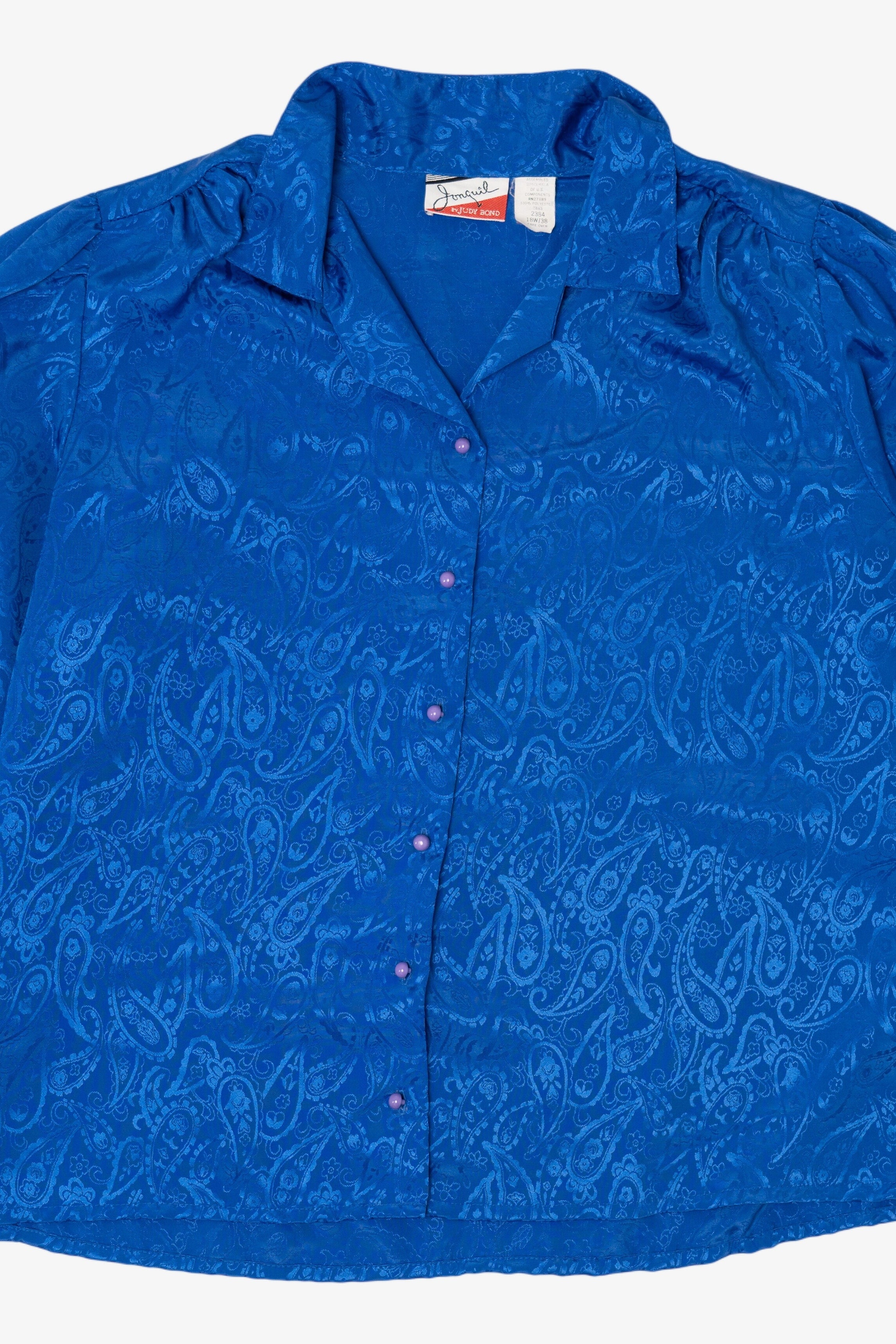 Vintage Blue Jonquil Paisley Pattern Silk Like Button Up Blouse (1980s)