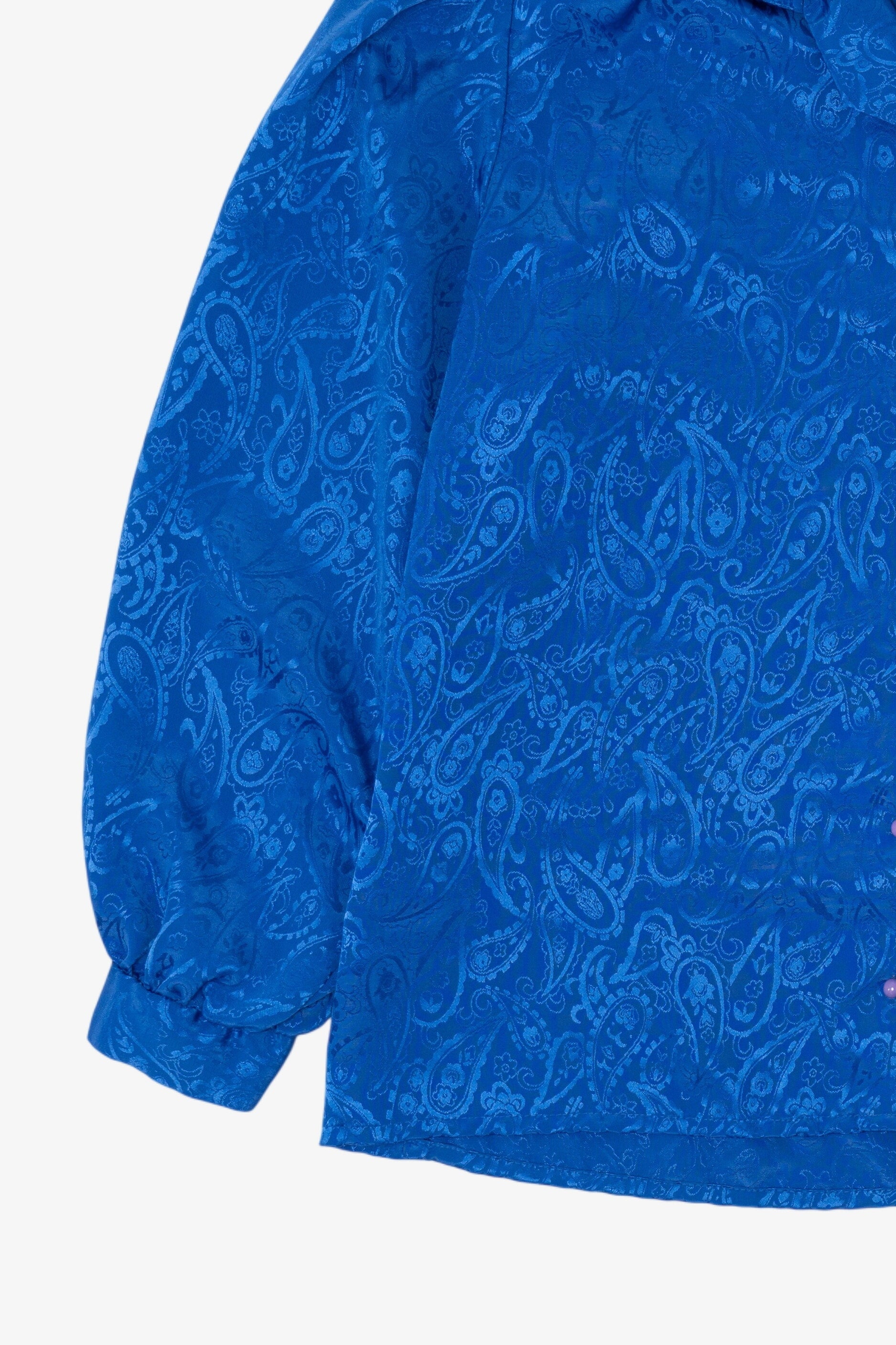 Vintage Blue Jonquil Paisley Pattern Silk Like Button Up Blouse (1980s)