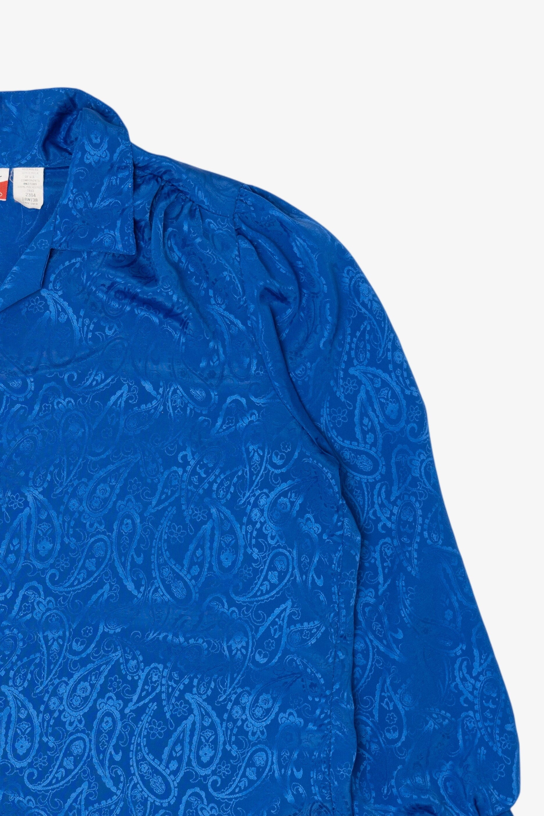 Vintage Blue Jonquil Paisley Pattern Silk Like Button Up Blouse (1980s)