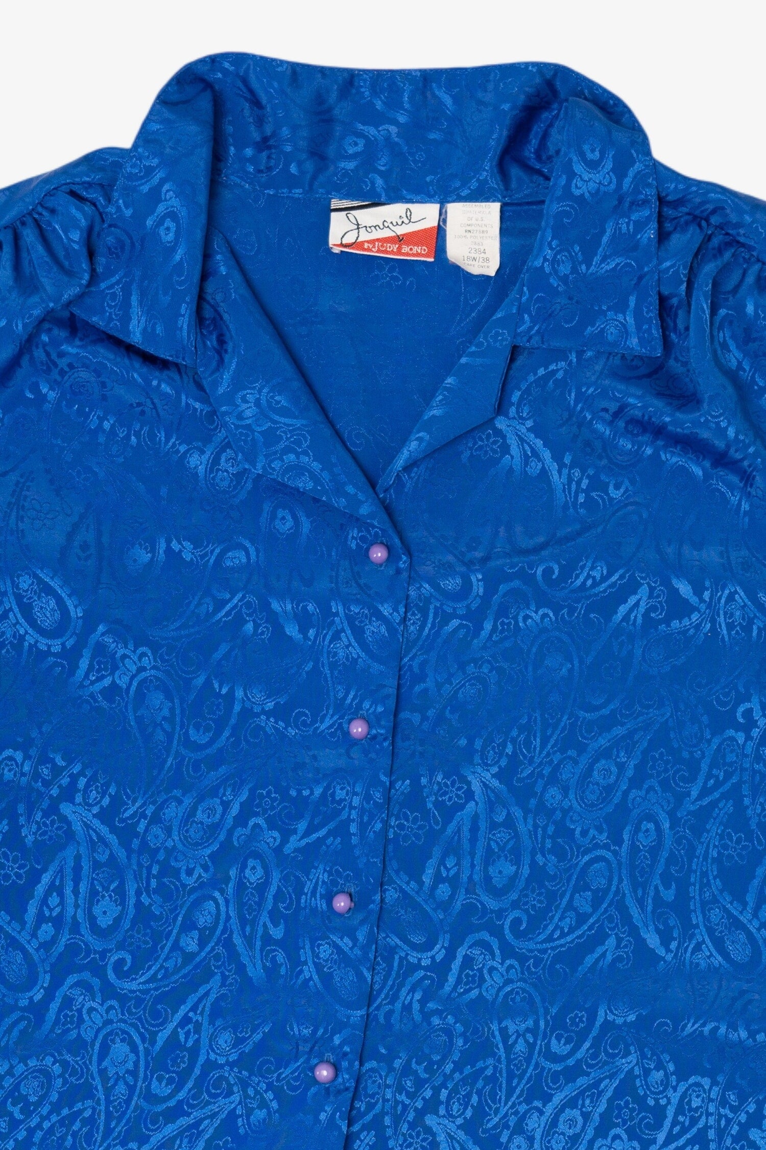 Vintage Blue Jonquil Paisley Pattern Silk Like Button Up Blouse (1980s)