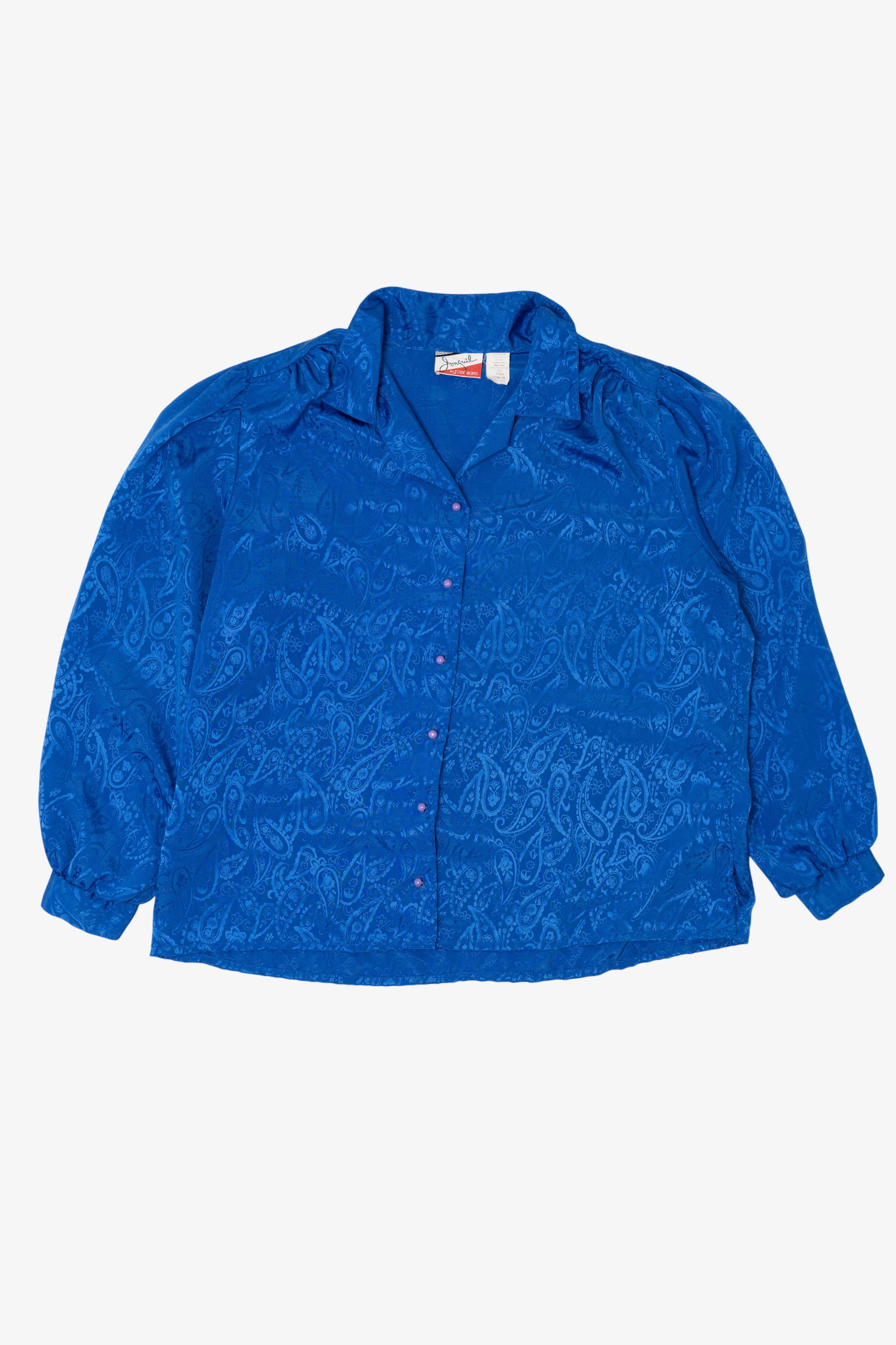 Vintage Blue Jonquil Paisley Pattern Silk Like Button Up Blouse (1980s)