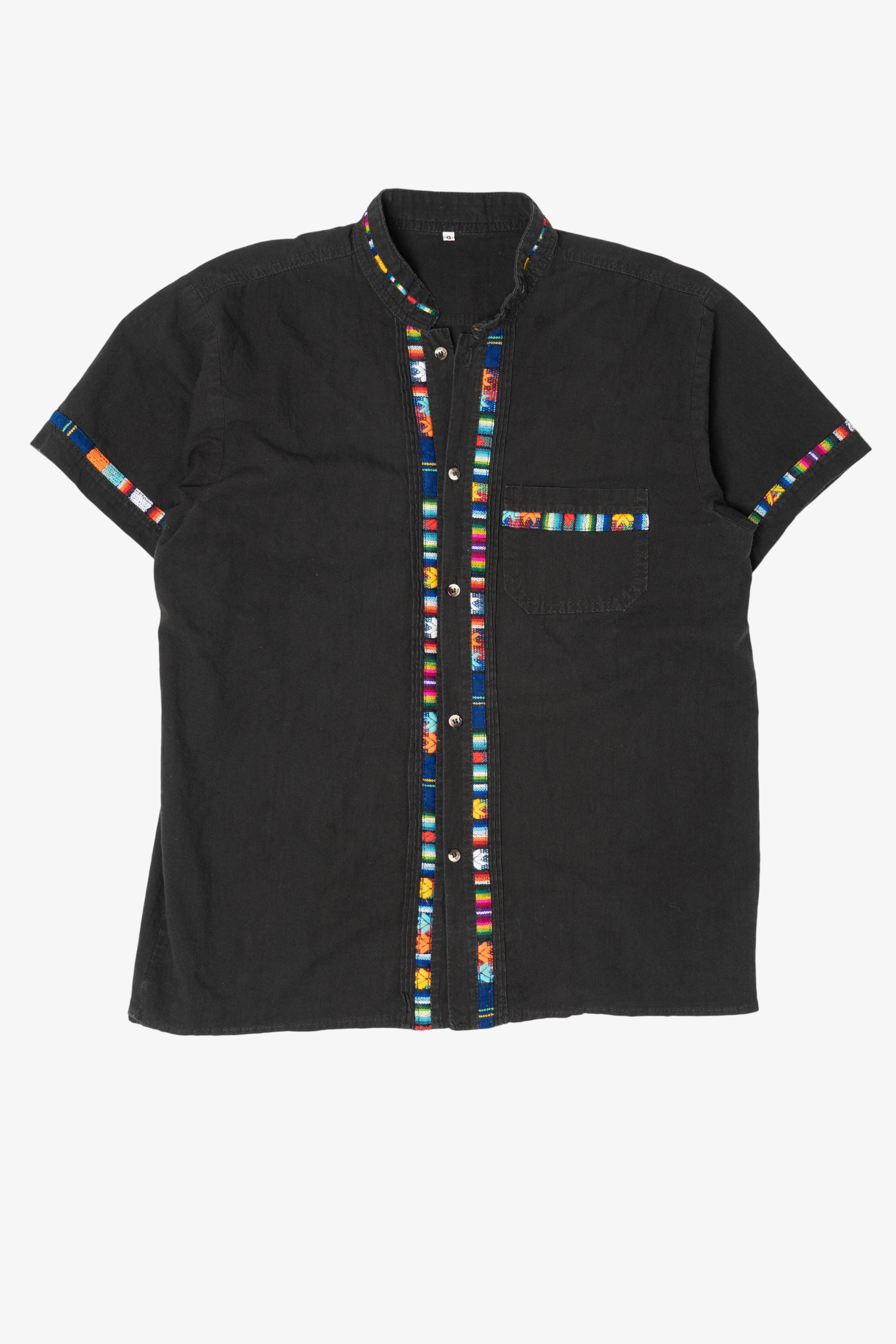 Black And Rainbow Embroidered Trimmed Guayabera Button Up Shirt