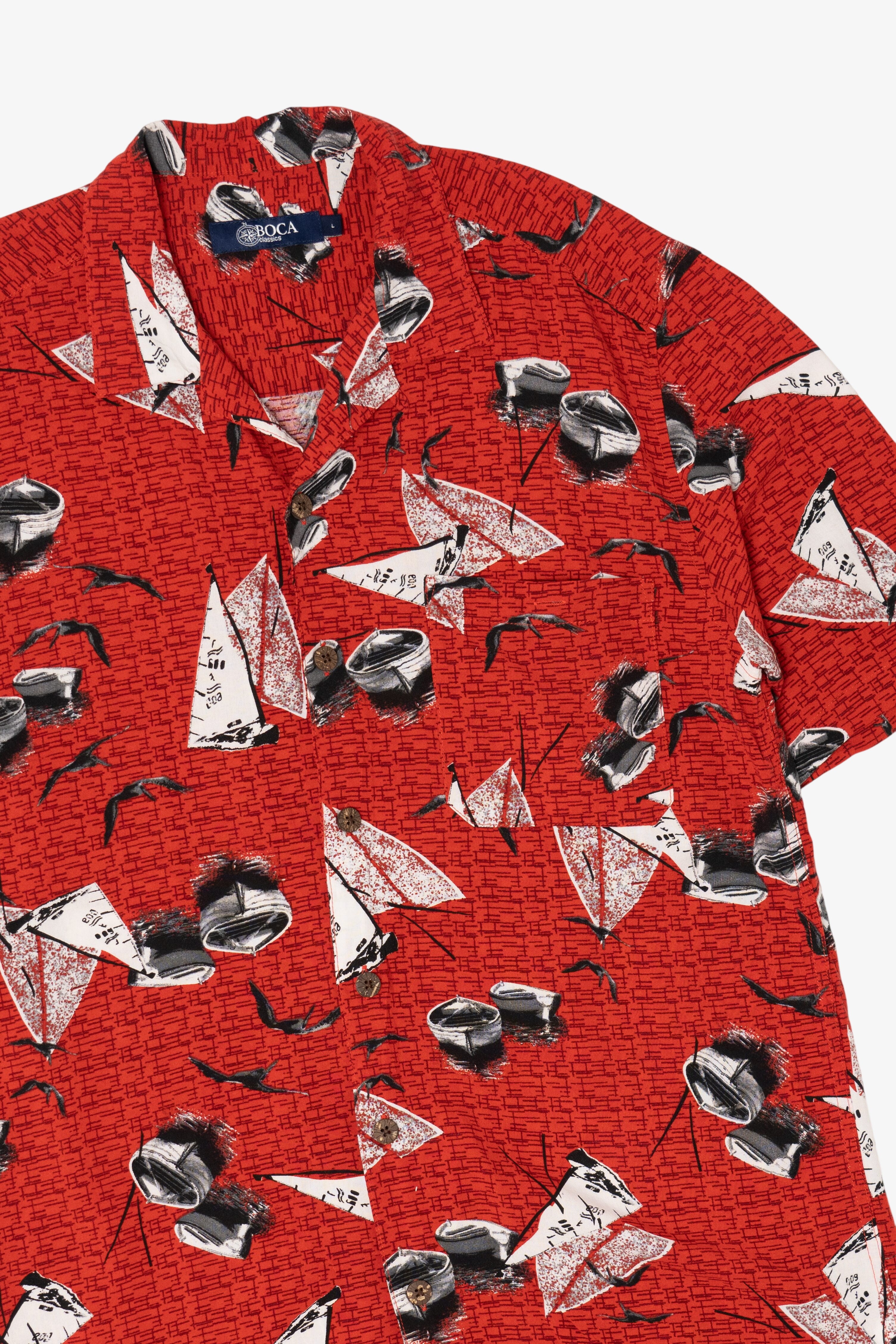 Vintage Red Boca Sailboats And Canoes Pattern Button Up Shirt (1990s)