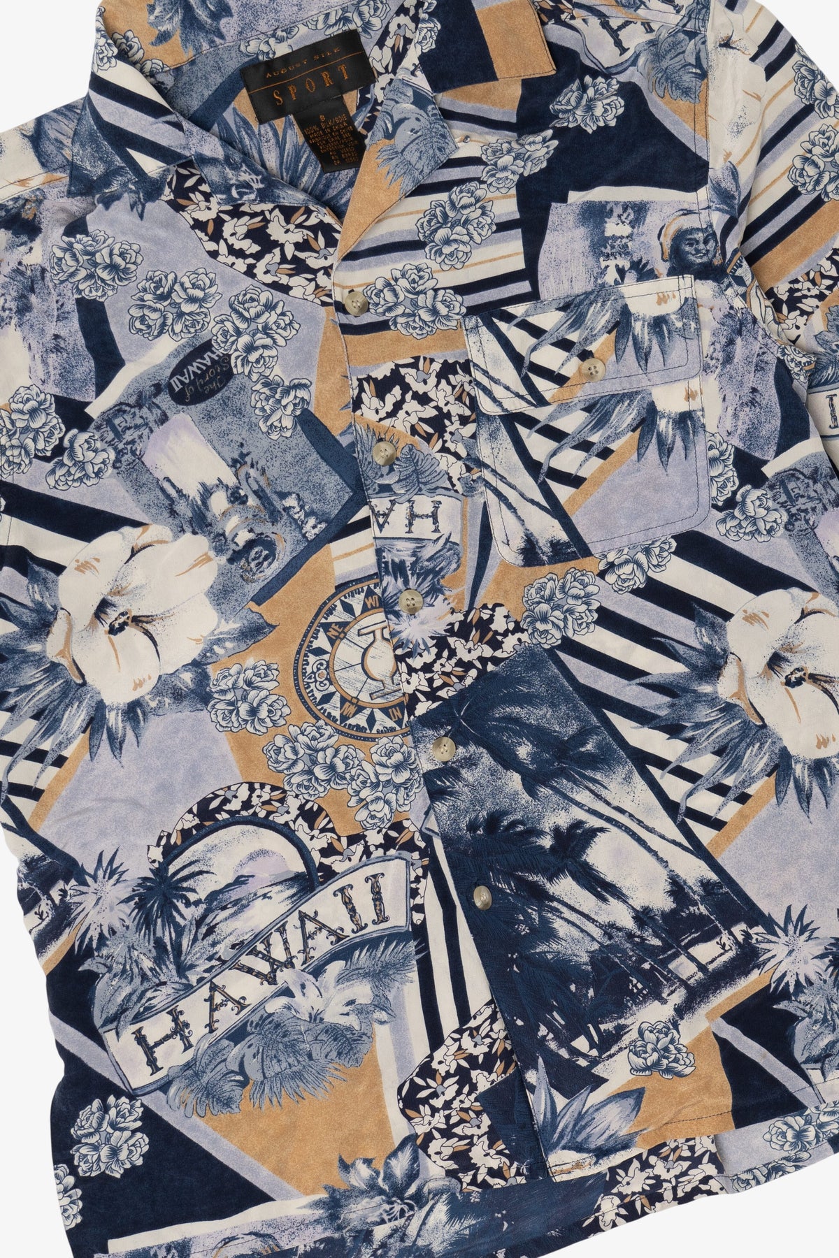 Vintage Navy Blue August Silk Sport Button Up Hawaiian Shirt (1990s)