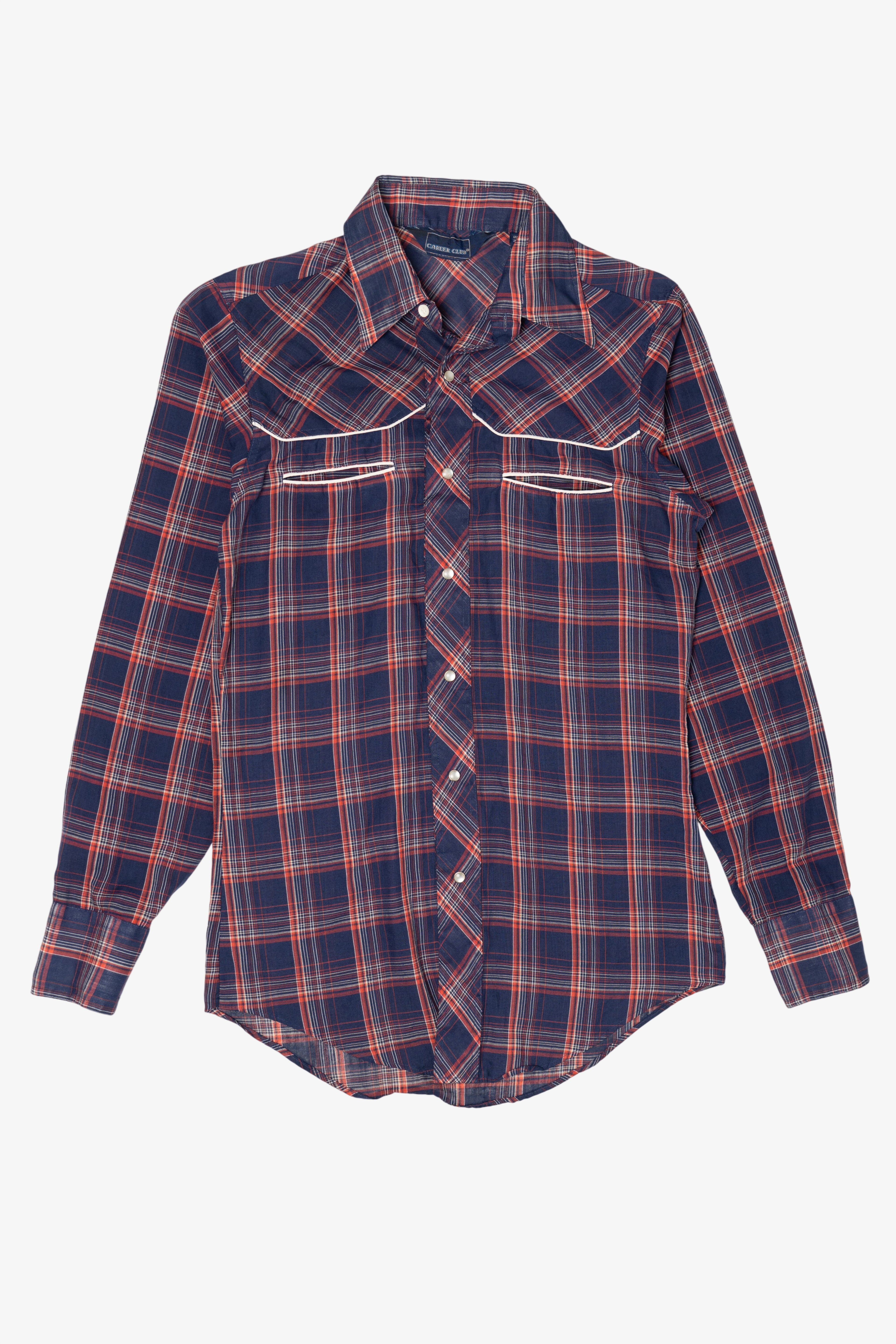 Vintage Navy Blue Plaid Career Club Button Up Shirt (1980s)