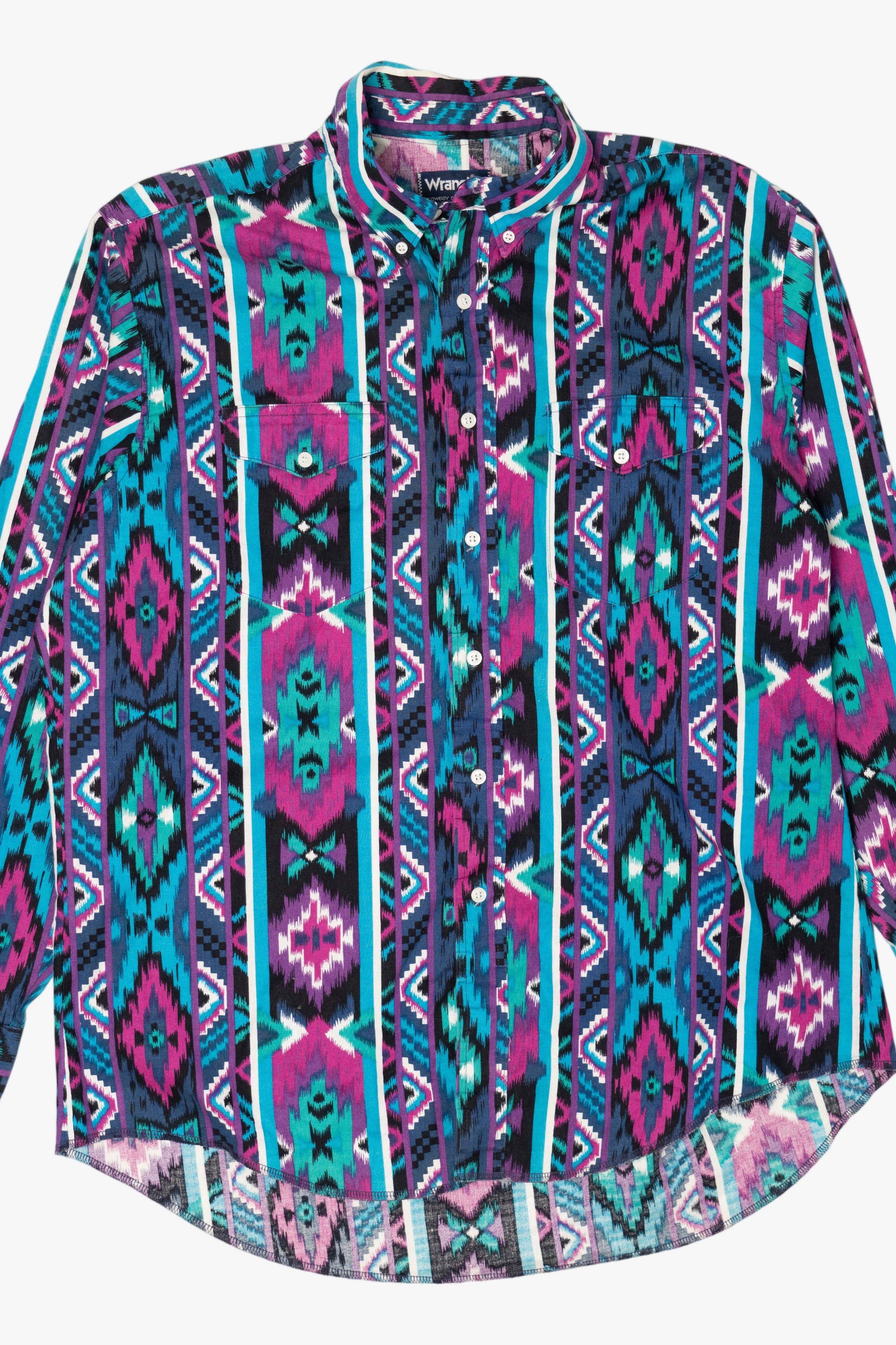 Vintage Blue And Purple Aztec Southwestern Wrangler Cowboy Cut Button Up Shirt (1990s)