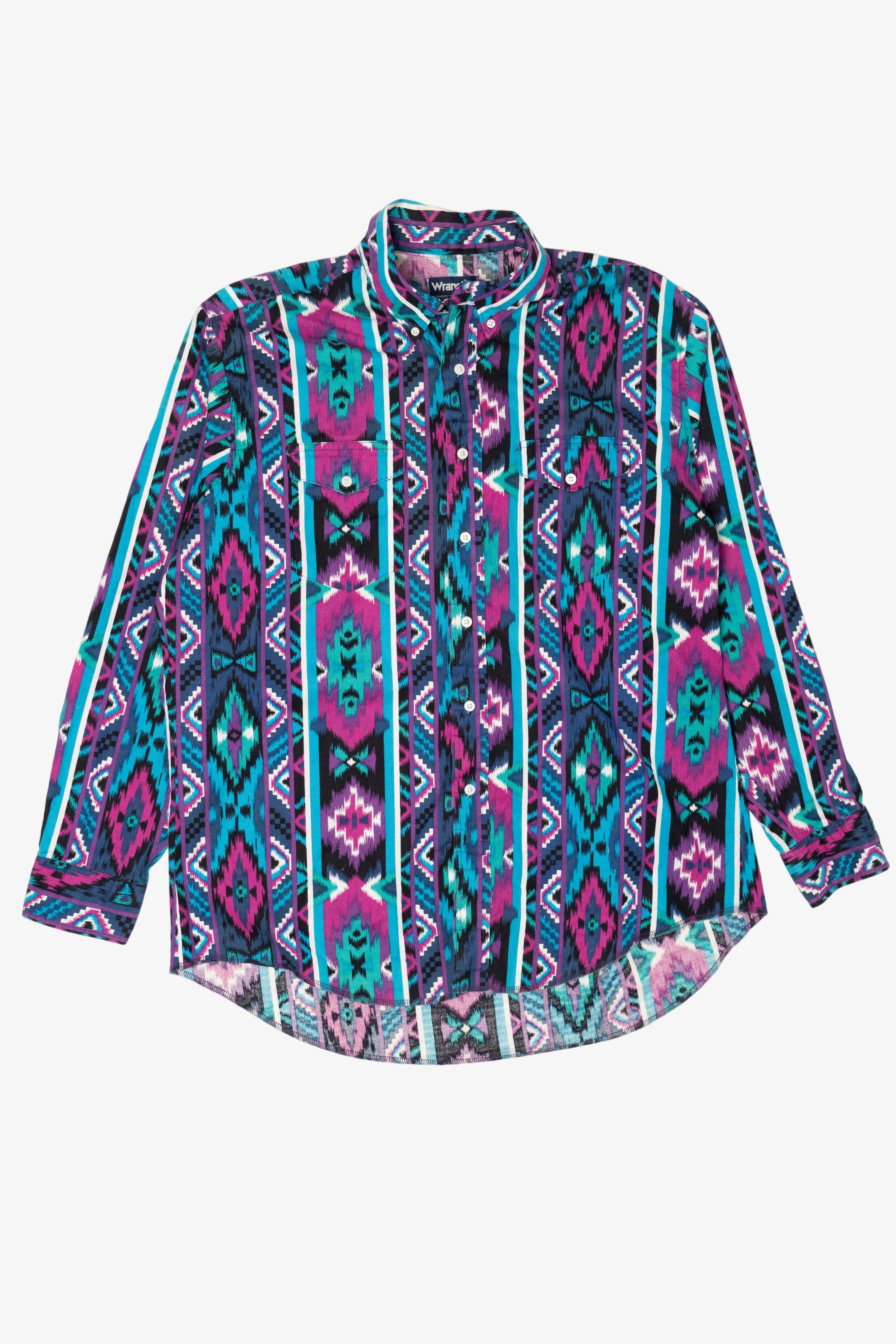 Vintage Blue And Purple Aztec Southwestern Wrangler Cowboy Cut Button Up Shirt (1990s)
