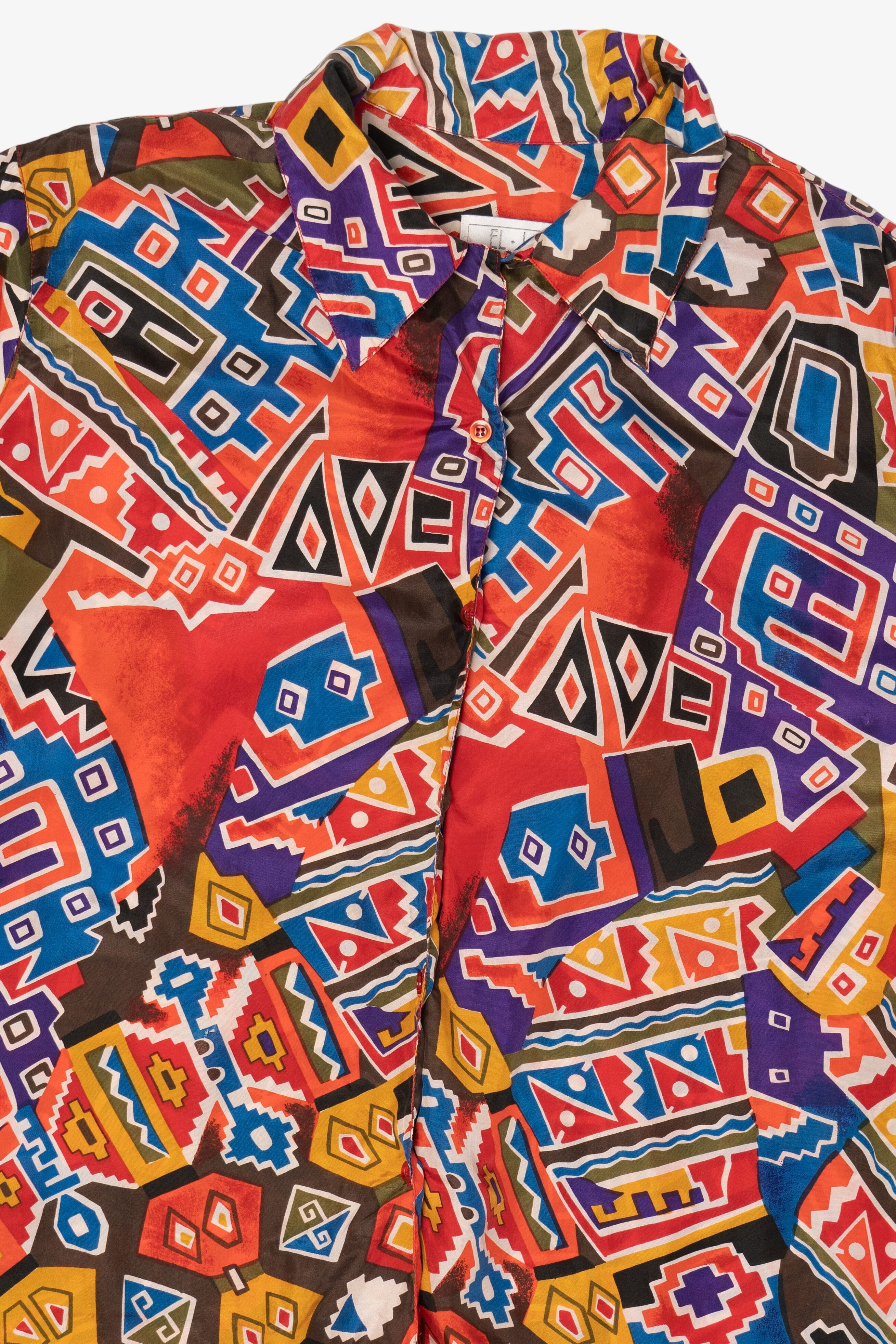 Vintage Orange-Red El-La Geometric Abstract Silk Button Up Shirt (1990s)