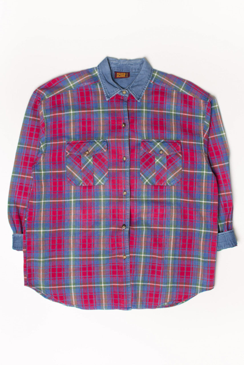 Vintage Red Plaid Denim Trimmed Button Up Shirt