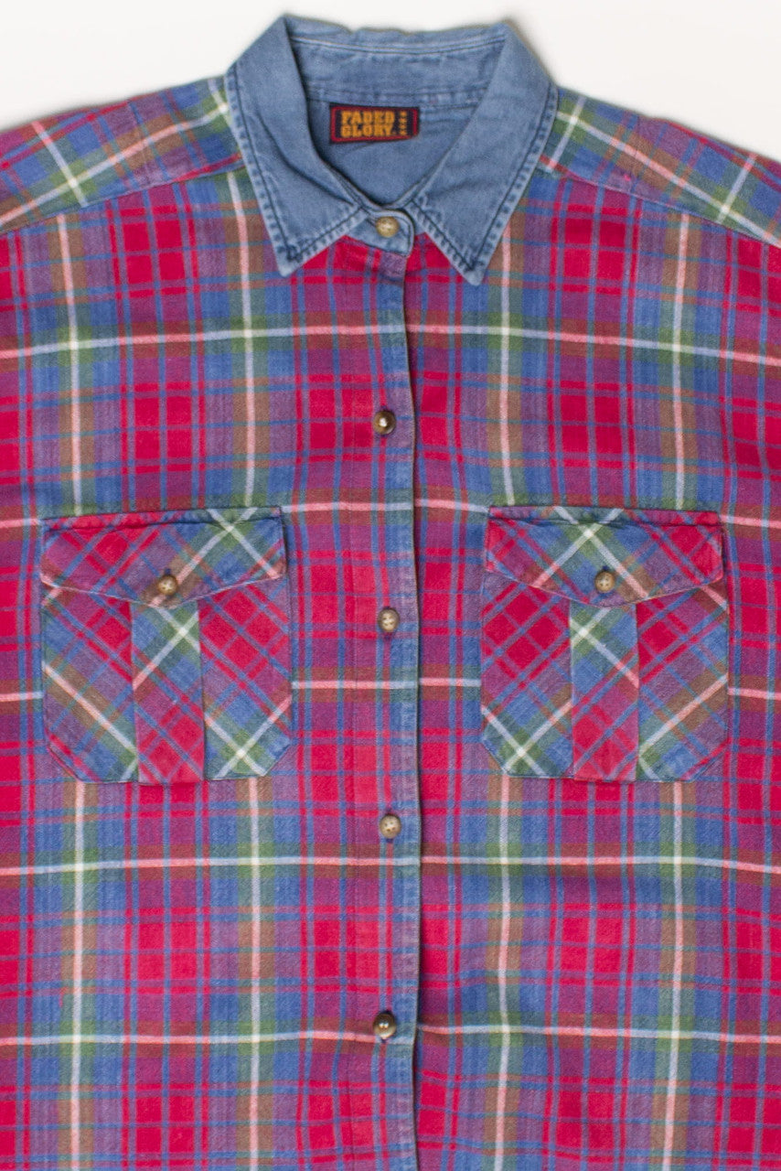 Vintage Red Plaid Denim Trimmed Button Up Shirt