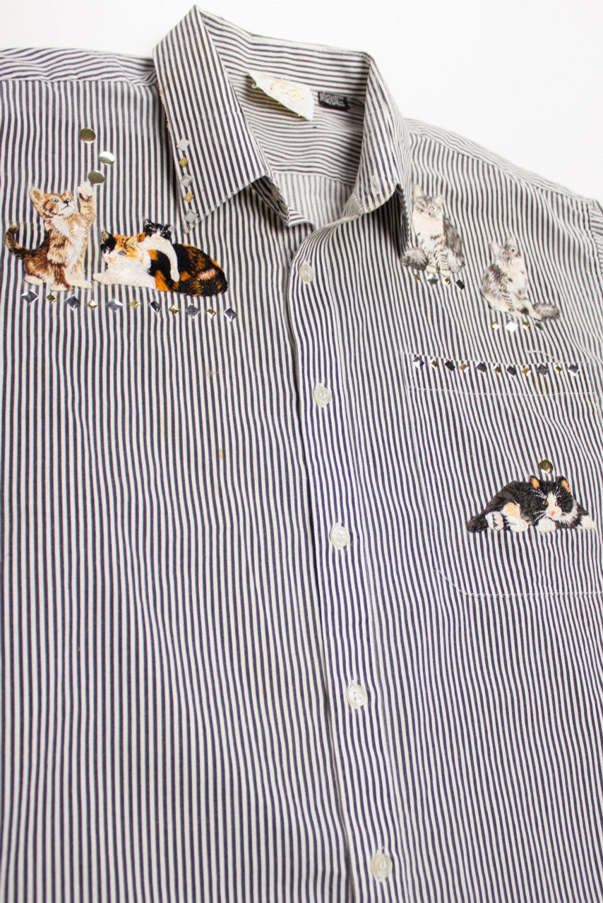 Vintage Embroidered Cats Button Up Shirt