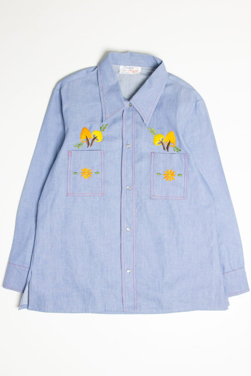 Vintage Embroidered Mushrooms Chambray Button Up Shirt