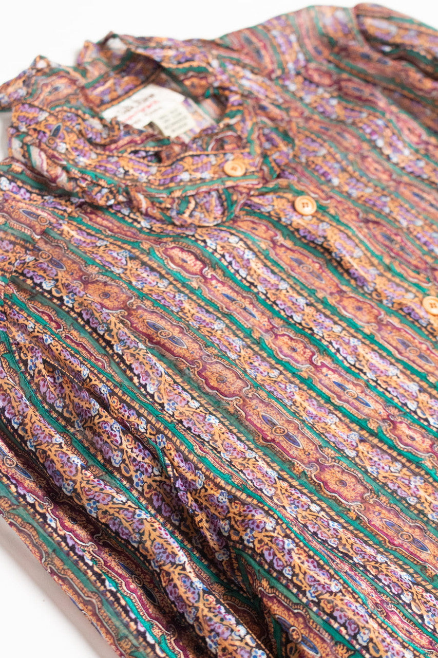 Vintage Silk Ruffle Trim Button Up Shirt