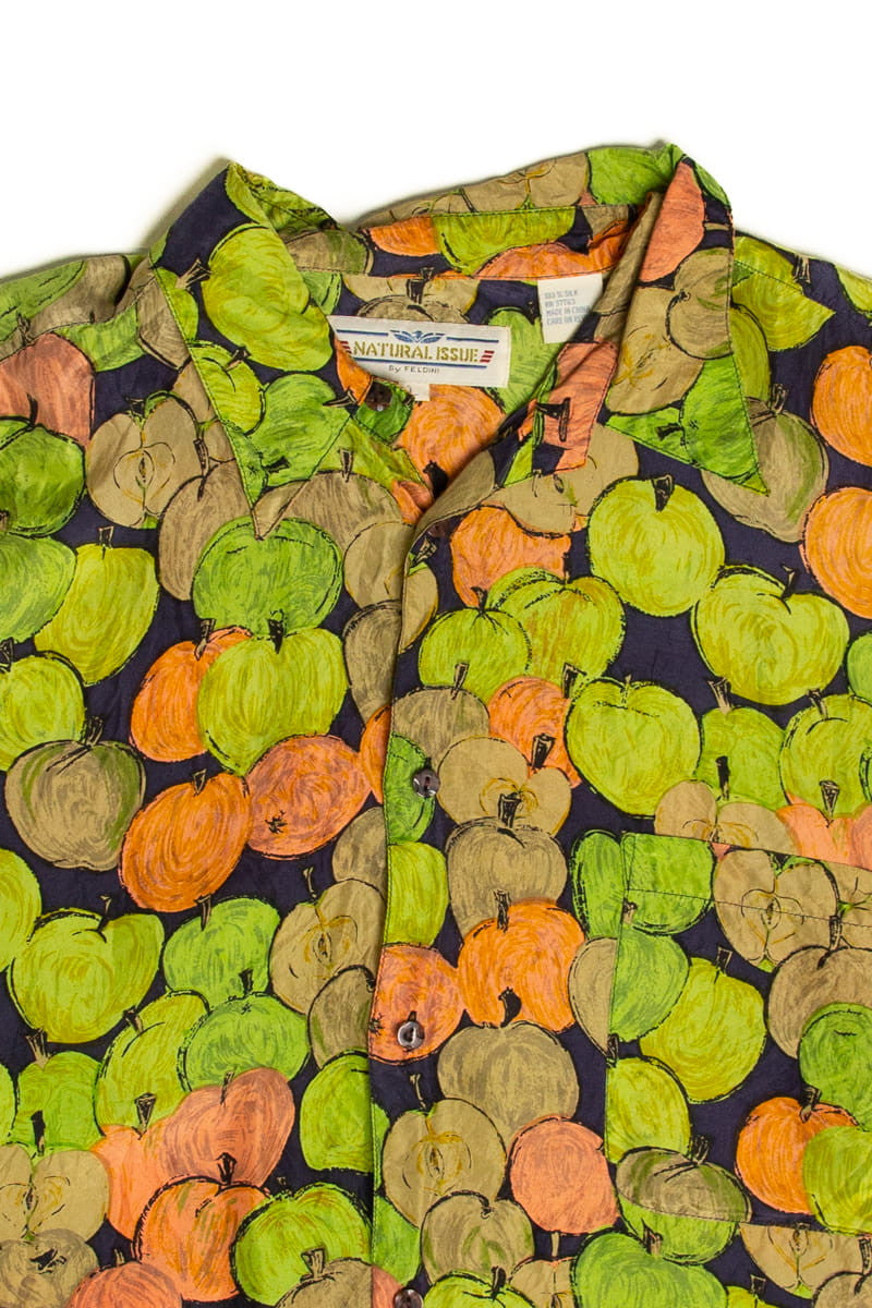 Apple Print Silk Button Up Shirt
