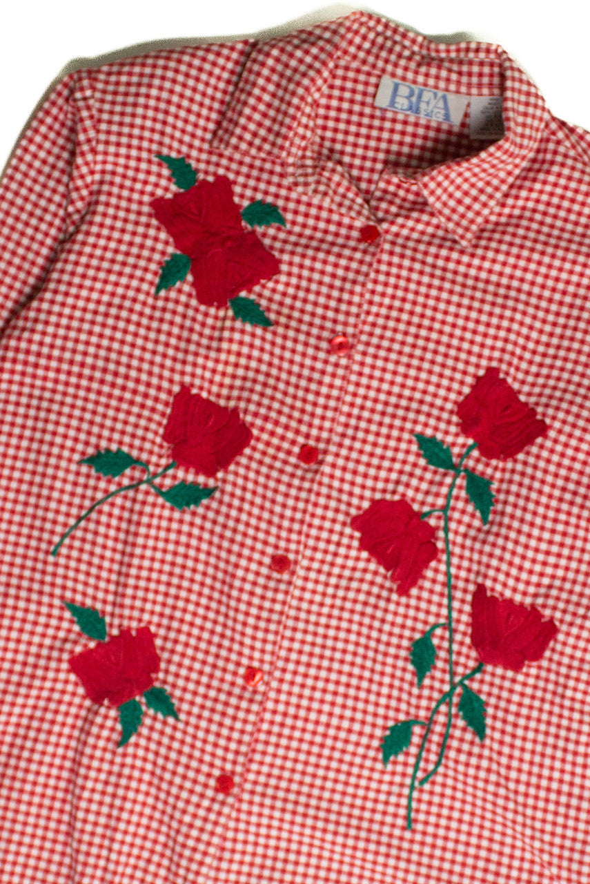 Vintage Embroidered Roses Gingham Button Up Shirt (sz. Medium)