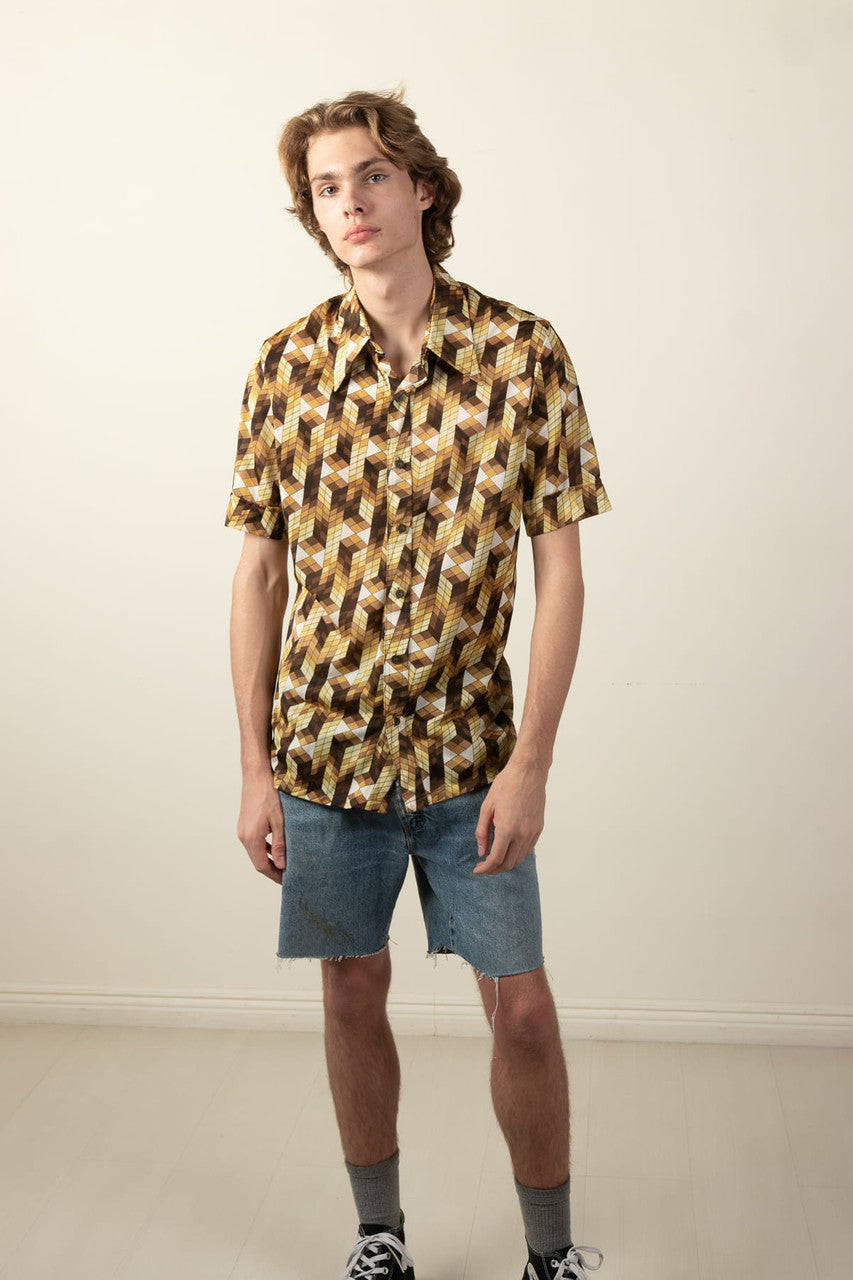 Vintage Brown Geometric Button Up Shirt (1970s)