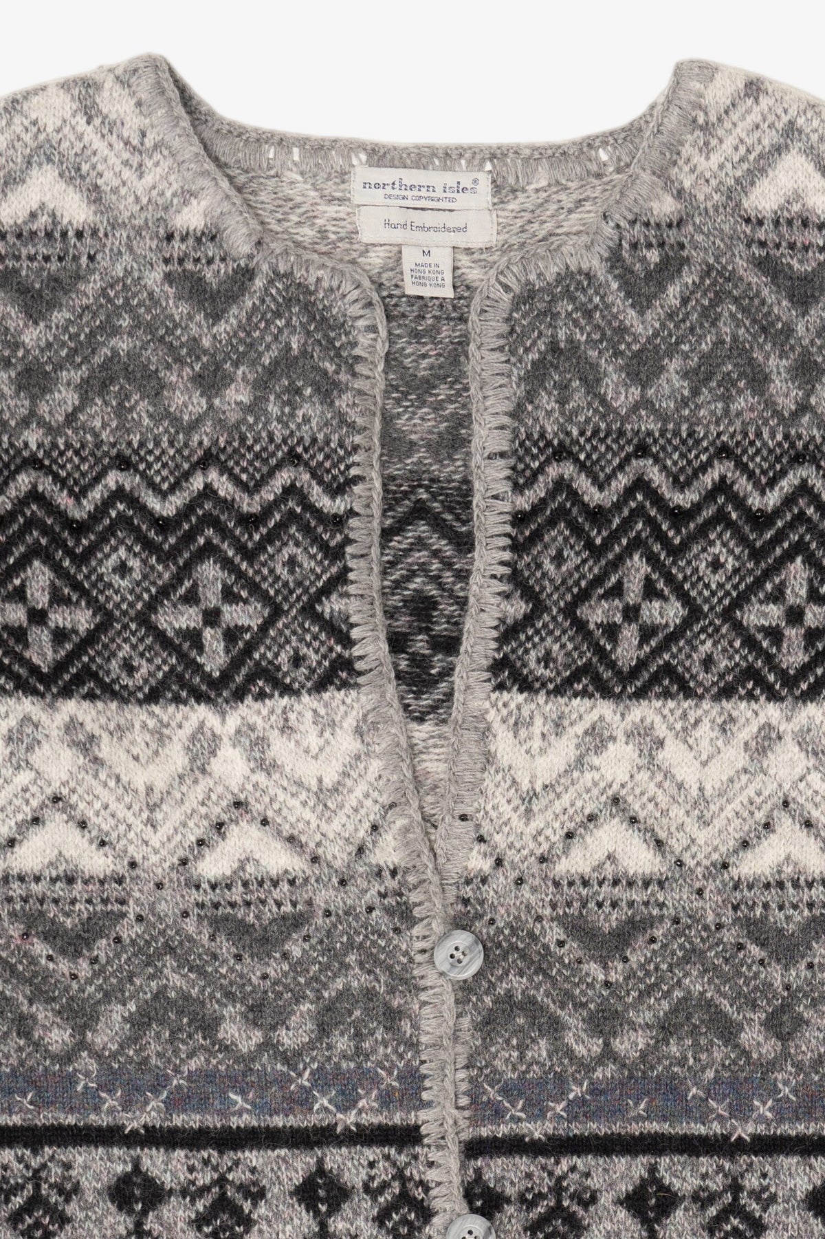 Vintage Hand Embroidered Gray Northern Isles Cardigan Sweater (1990s)