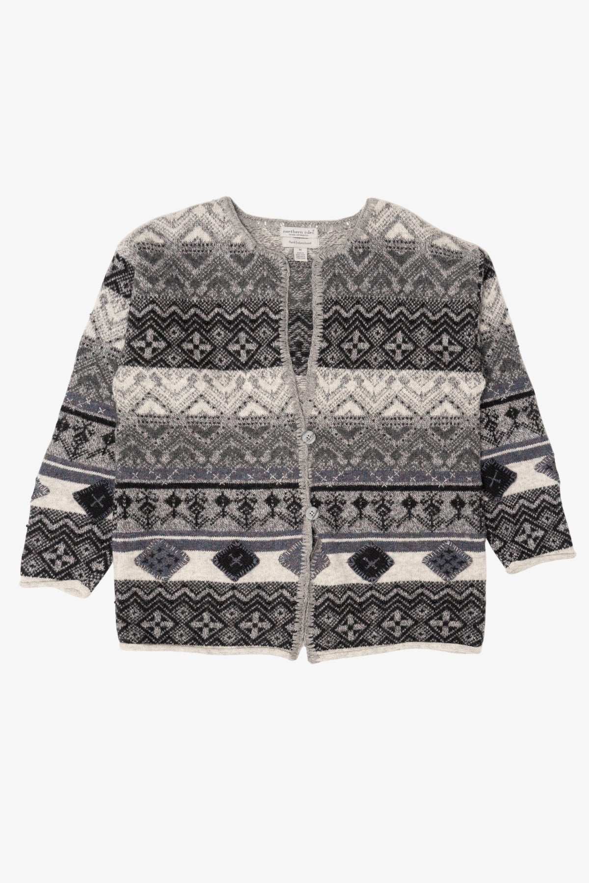 Vintage Hand Embroidered Gray Northern Isles Cardigan Sweater (1990s)