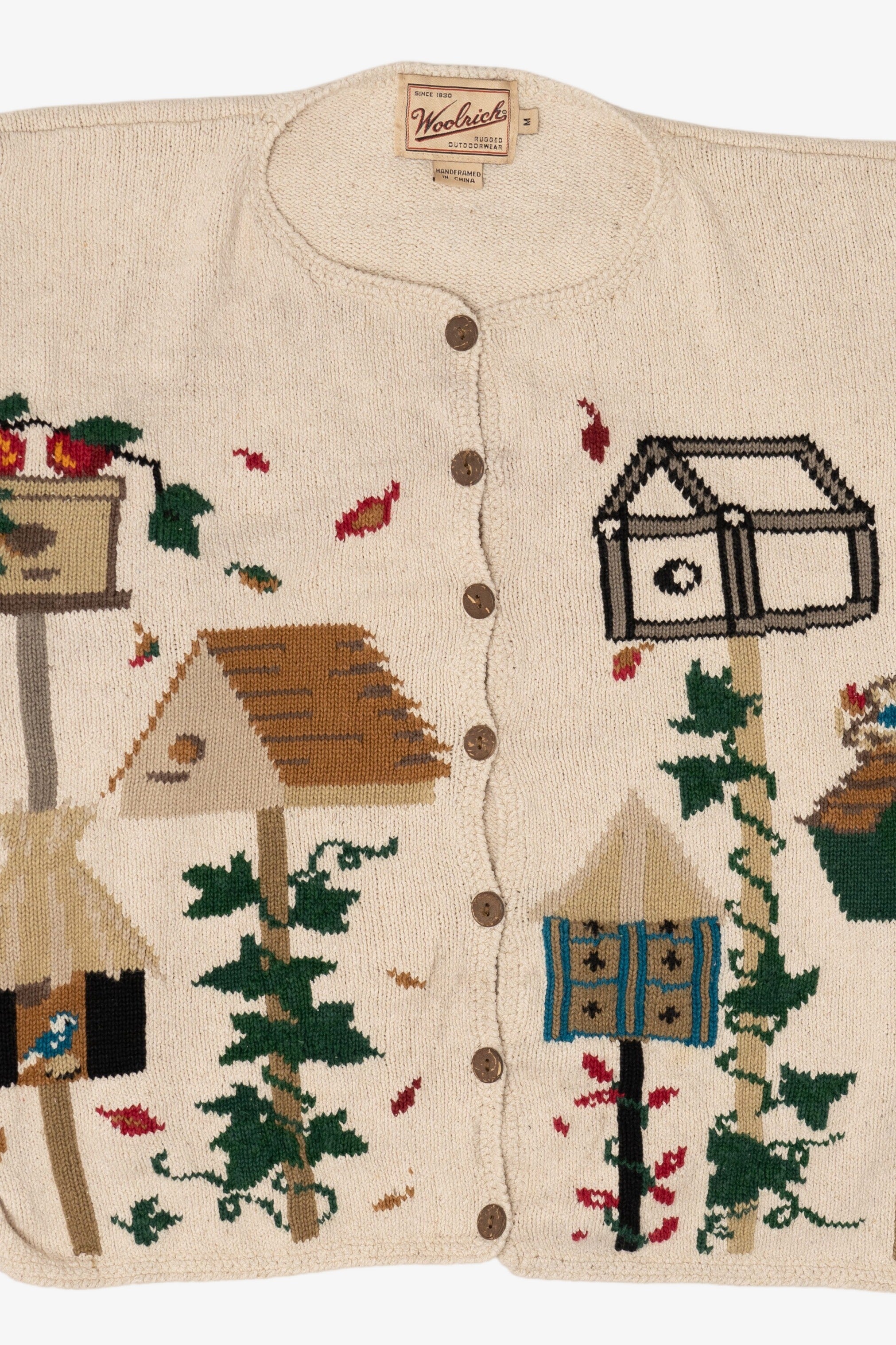 Vintage Beige Woolrich Birdhouses Cardigan Sweater (1990s)