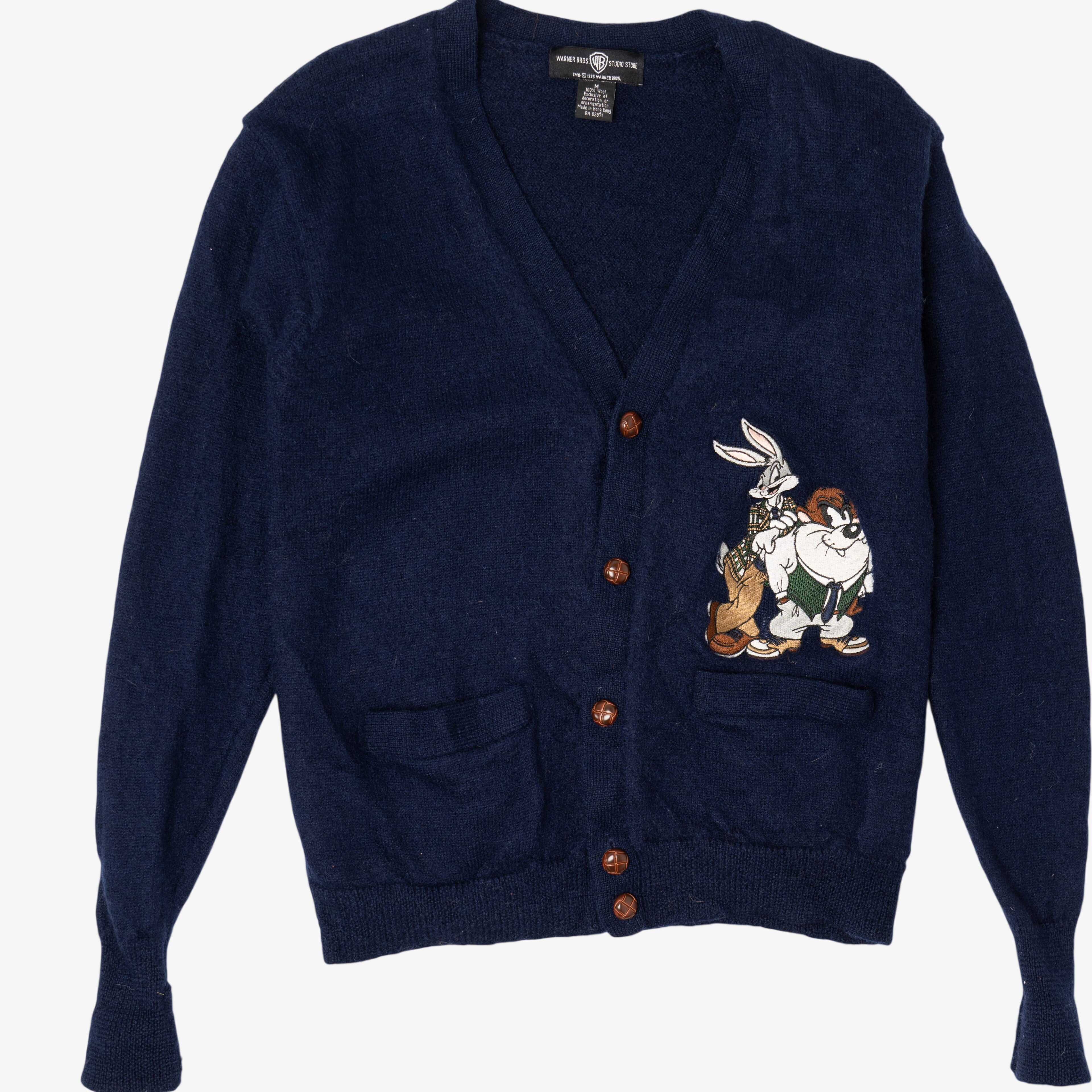 Vintage Navy Blue Looney Tunes Bugs And Taz Cardigan Sweater (1990s)