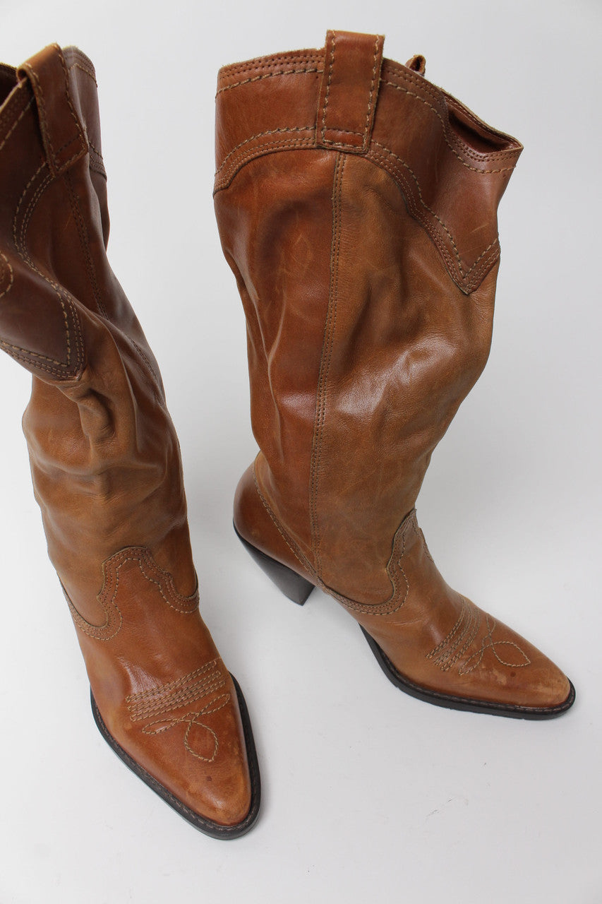 Brown High Heel Cowboy Boots (Sz. 7.5 M) 1271