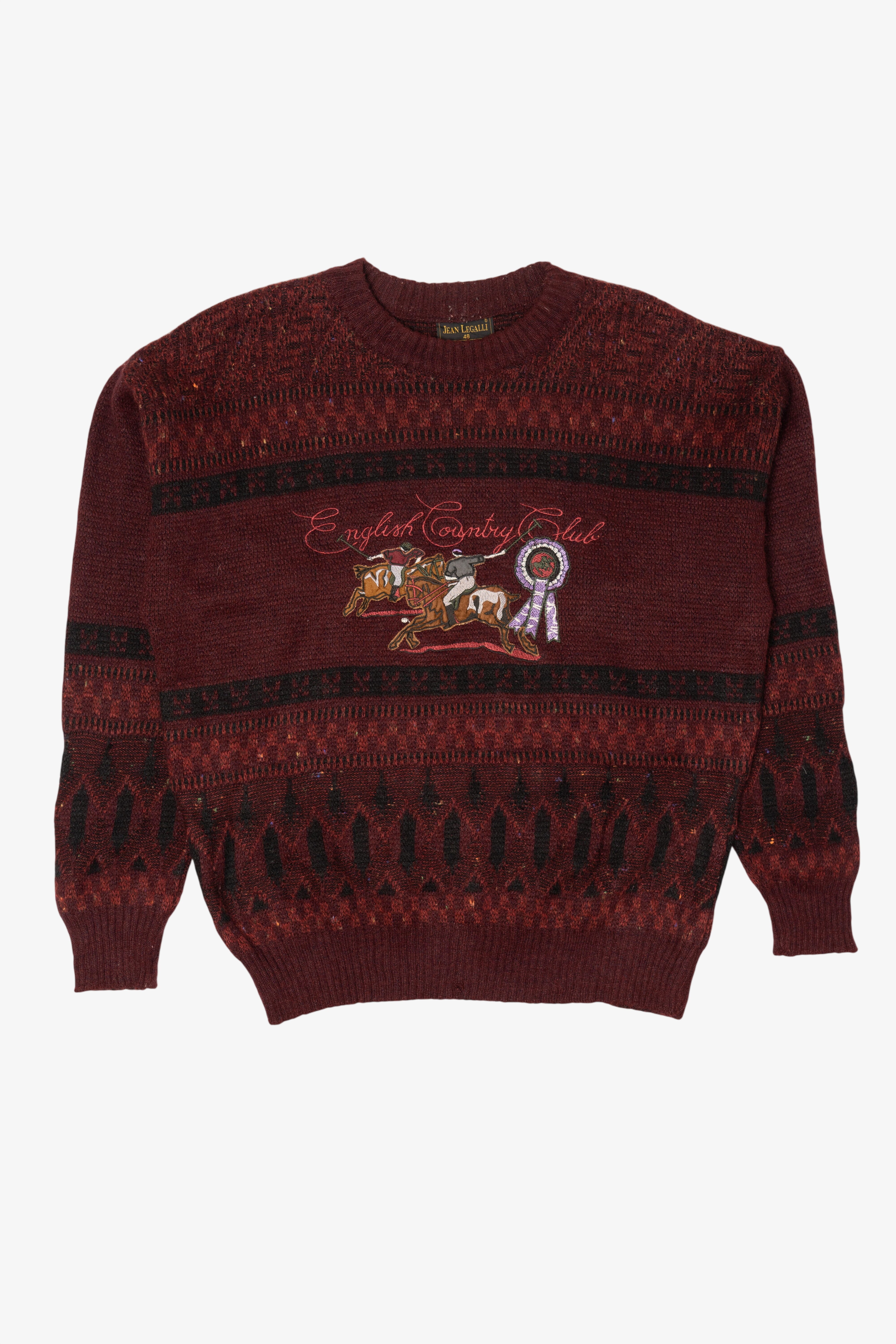 Vintage Burgundy "English Country Club" Jean Legalli Embroidered Sweater (1990s)