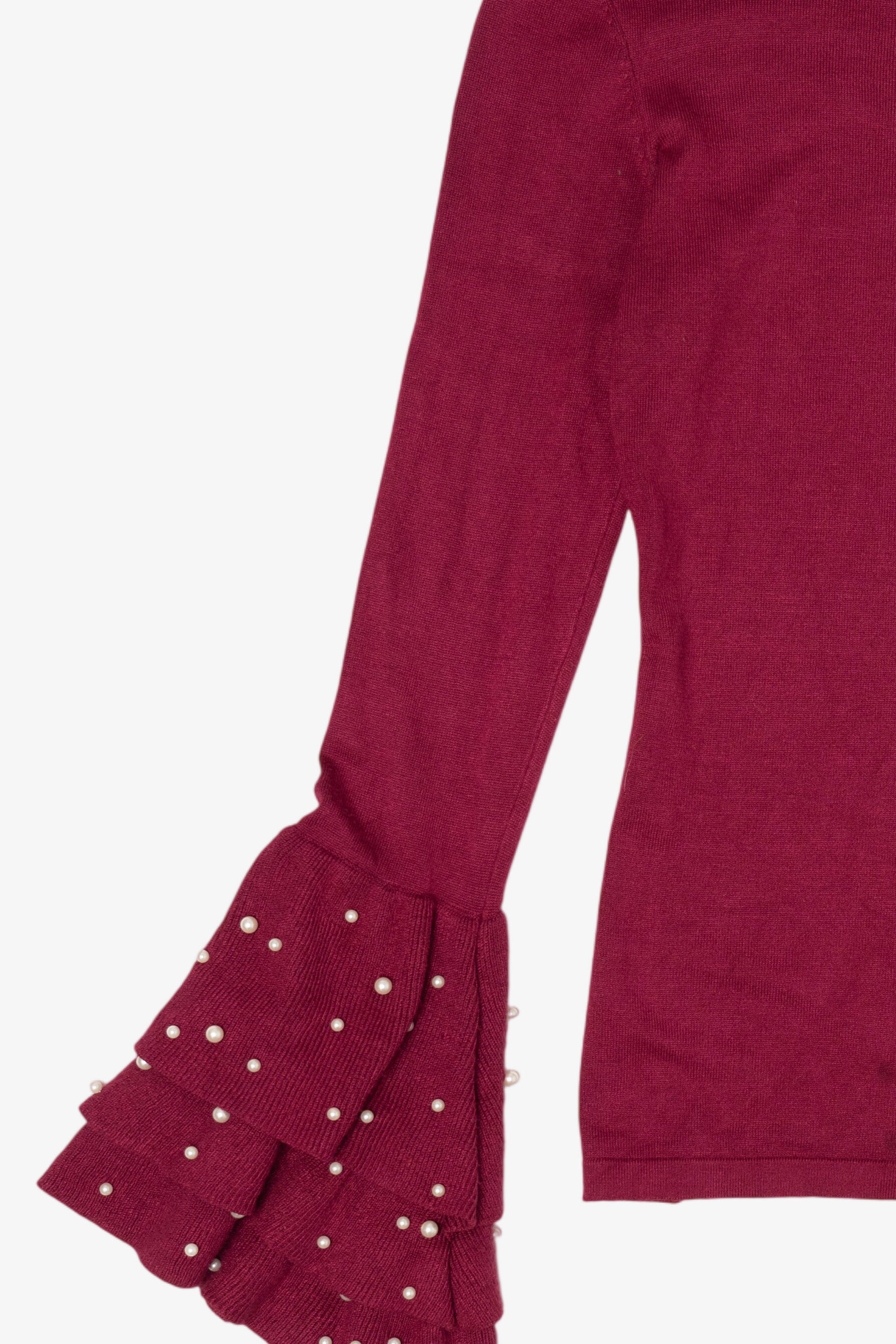 Burgundy Venus Ruffled Bell Beaded Sleeve Sweater (2010s)