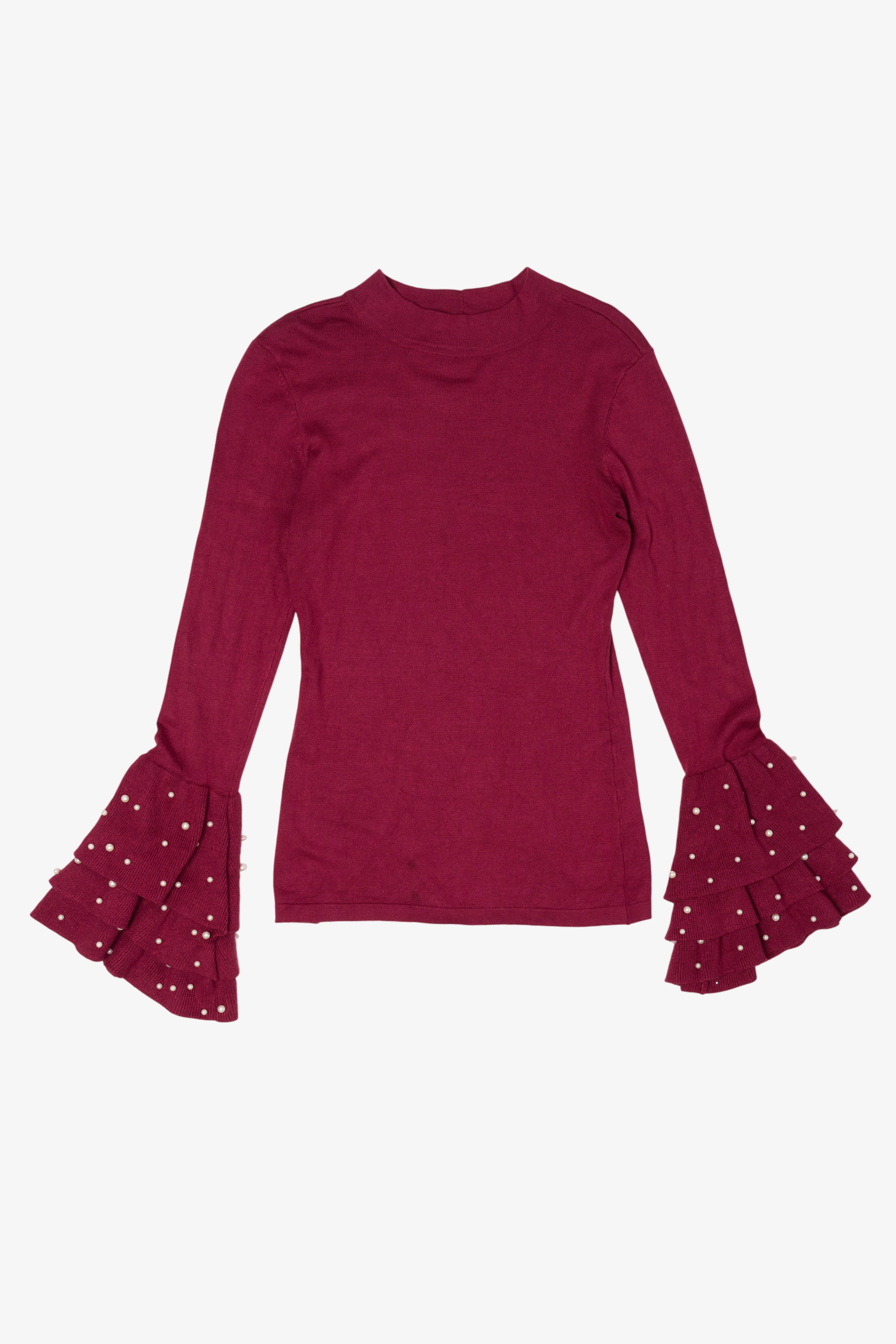 Burgundy Venus Ruffled Bell Beaded Sleeve Sweater (2010s)