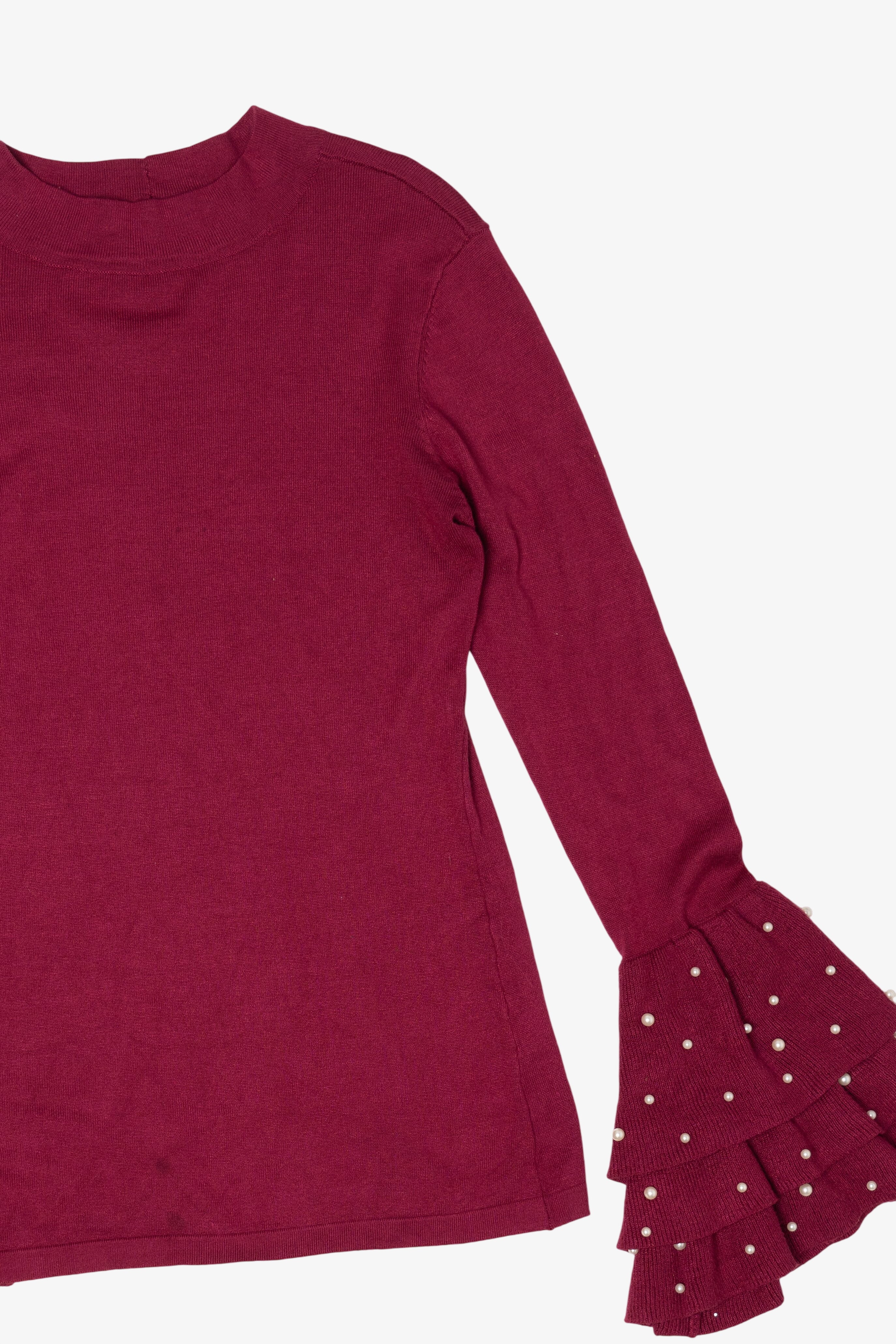 Burgundy Venus Ruffled Bell Beaded Sleeve Sweater (2010s)